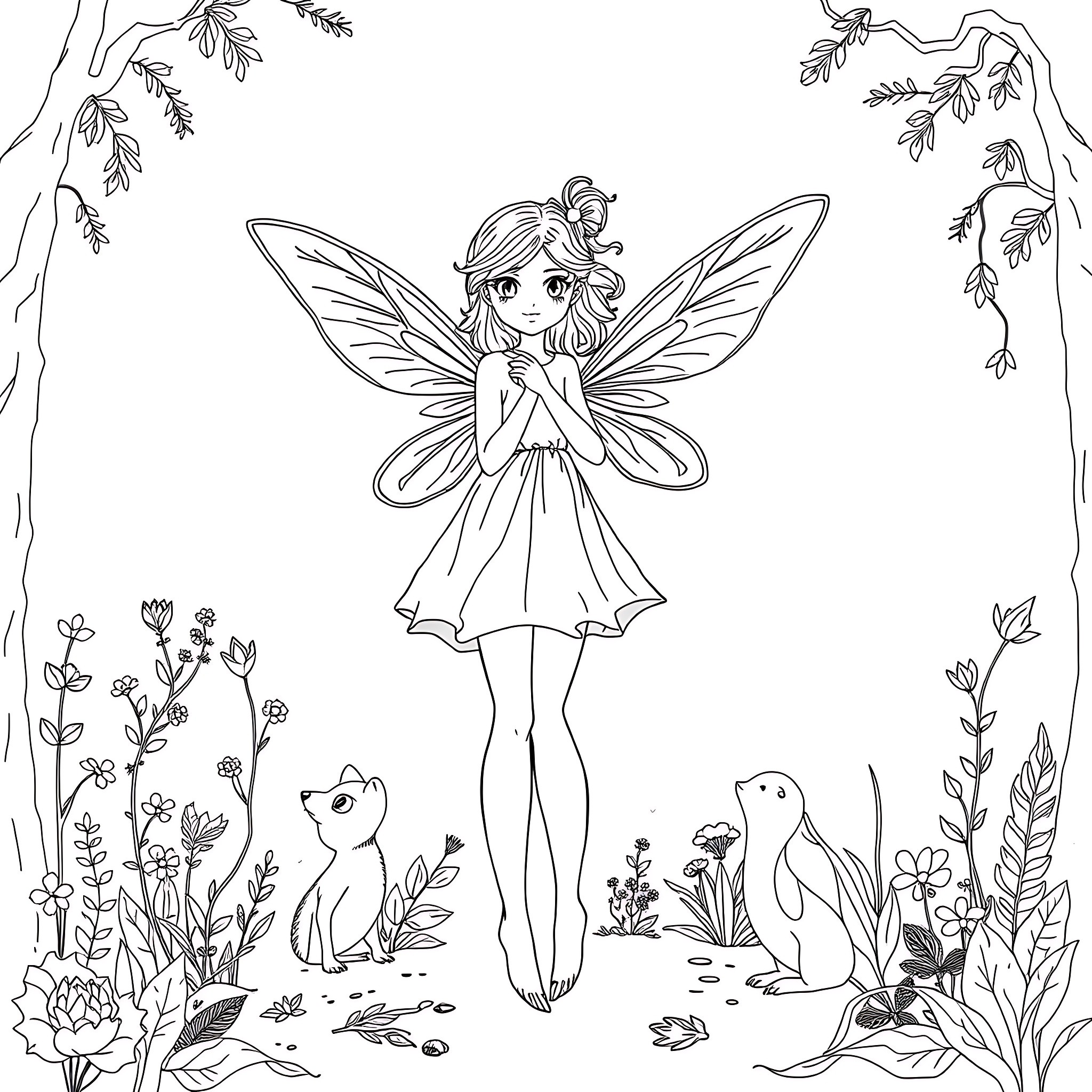 Fairy in a whimsical forest scene Coloring Page (free black-and-white line drawing printable PDF for all, from beginners to advanced learners, including children, teens, adults, and seniors)
