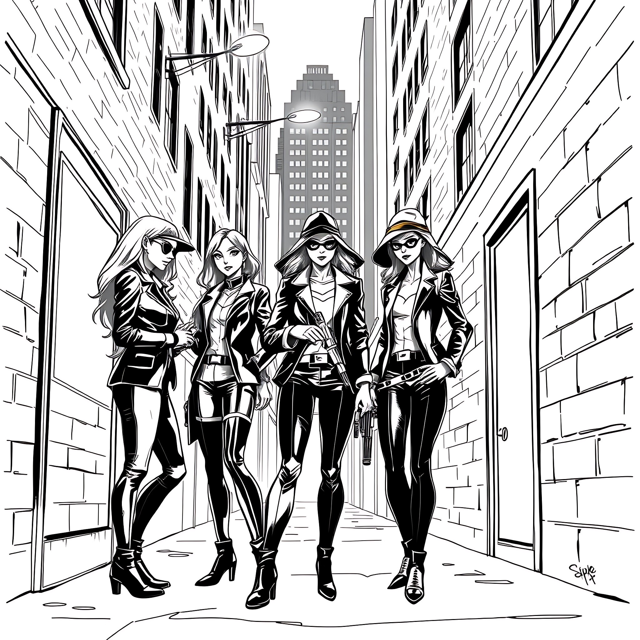 Women in stylish outfits walking down a city street Coloring Page (free black-and-white line drawing printable PDF for all, from beginners to advanced learners, including children, teens, adults, and seniors)