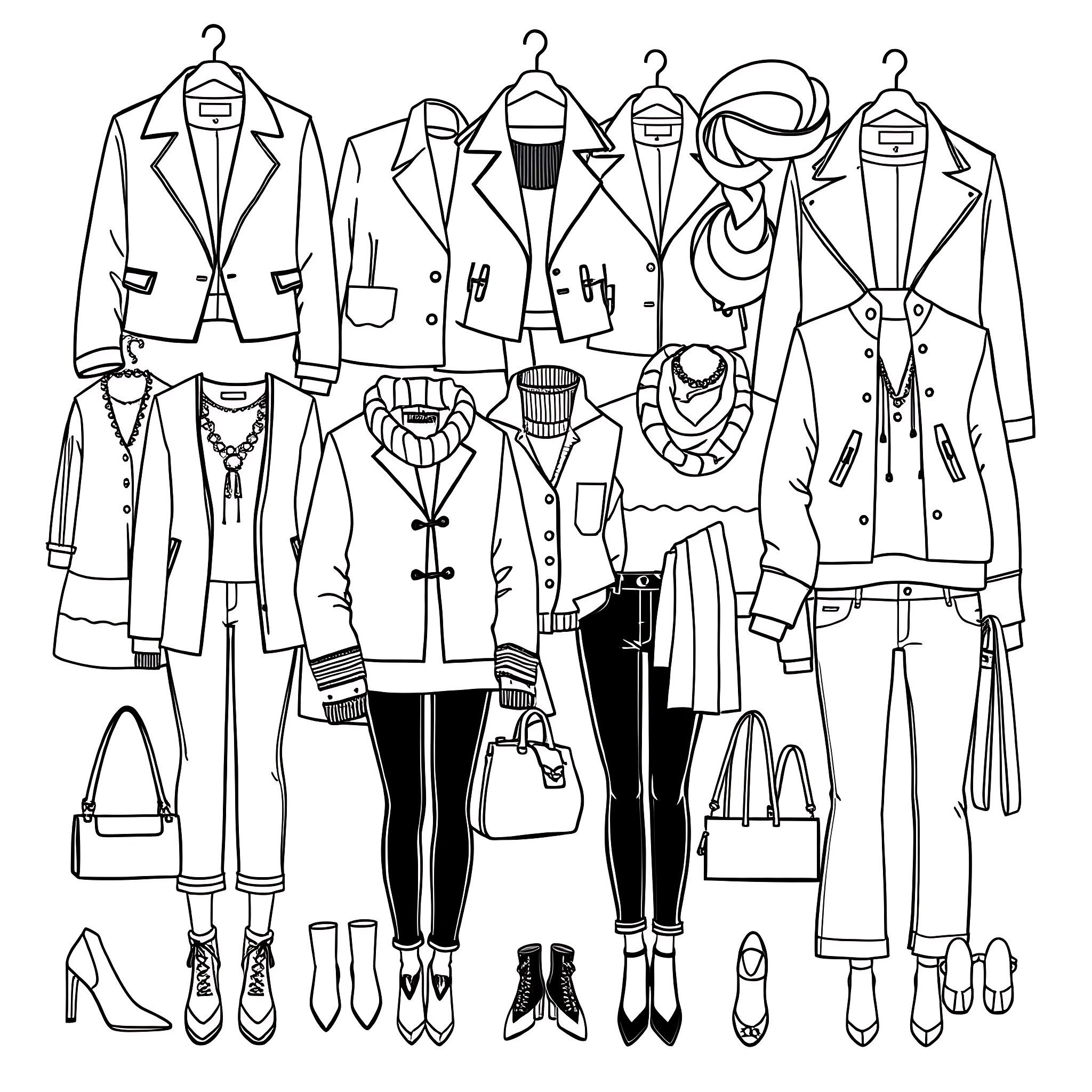 Clothing Pieces Arranged Creatively Coloring Page (free black-and-white line drawing printable PDF for all, from beginners to advanced learners, including children, teens, adults, and seniors)