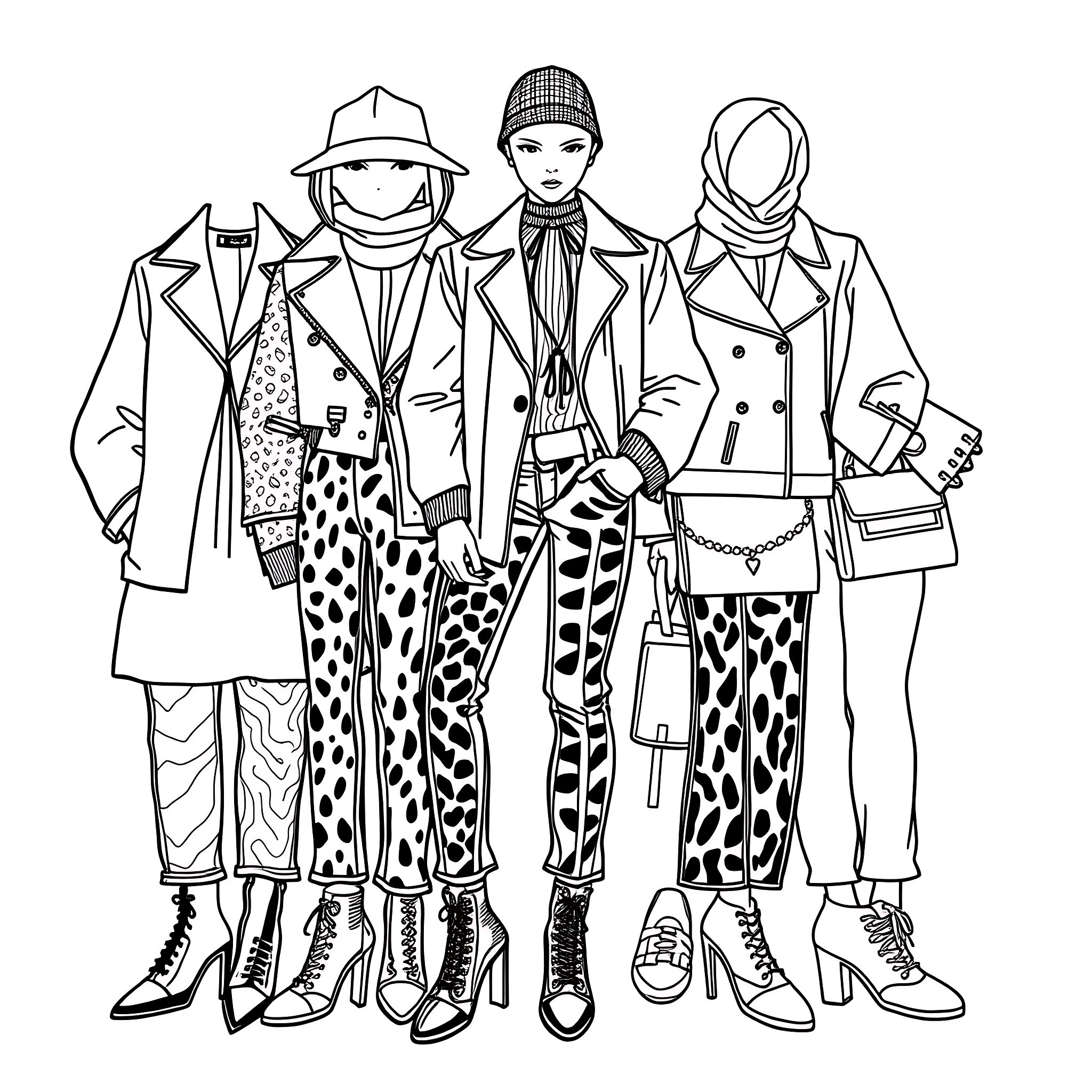 Clothing Styles and Fashion Trends Coloring Page (free black-and-white line drawing printable PDF for all, from beginners to advanced learners, including children, teens, adults, and seniors)
