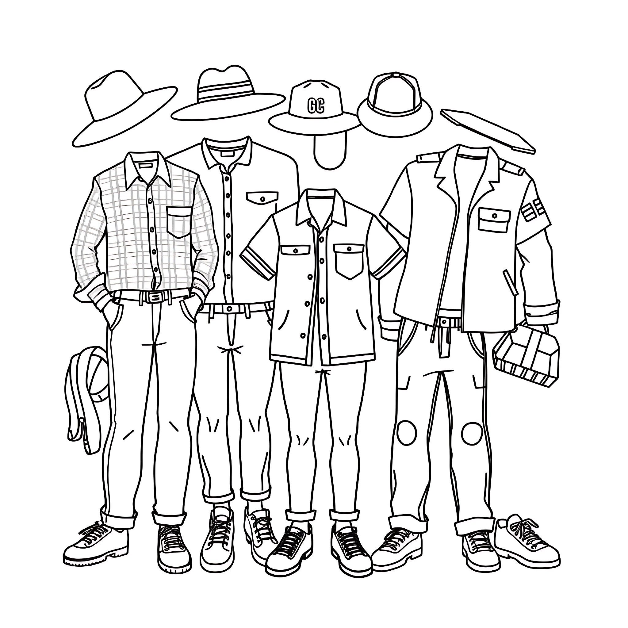 Clothing for various occupations and activities Coloring Page (free black-and-white line drawing printable PDF for all, from beginners to advanced learners, including children, teens, adults, and seniors)