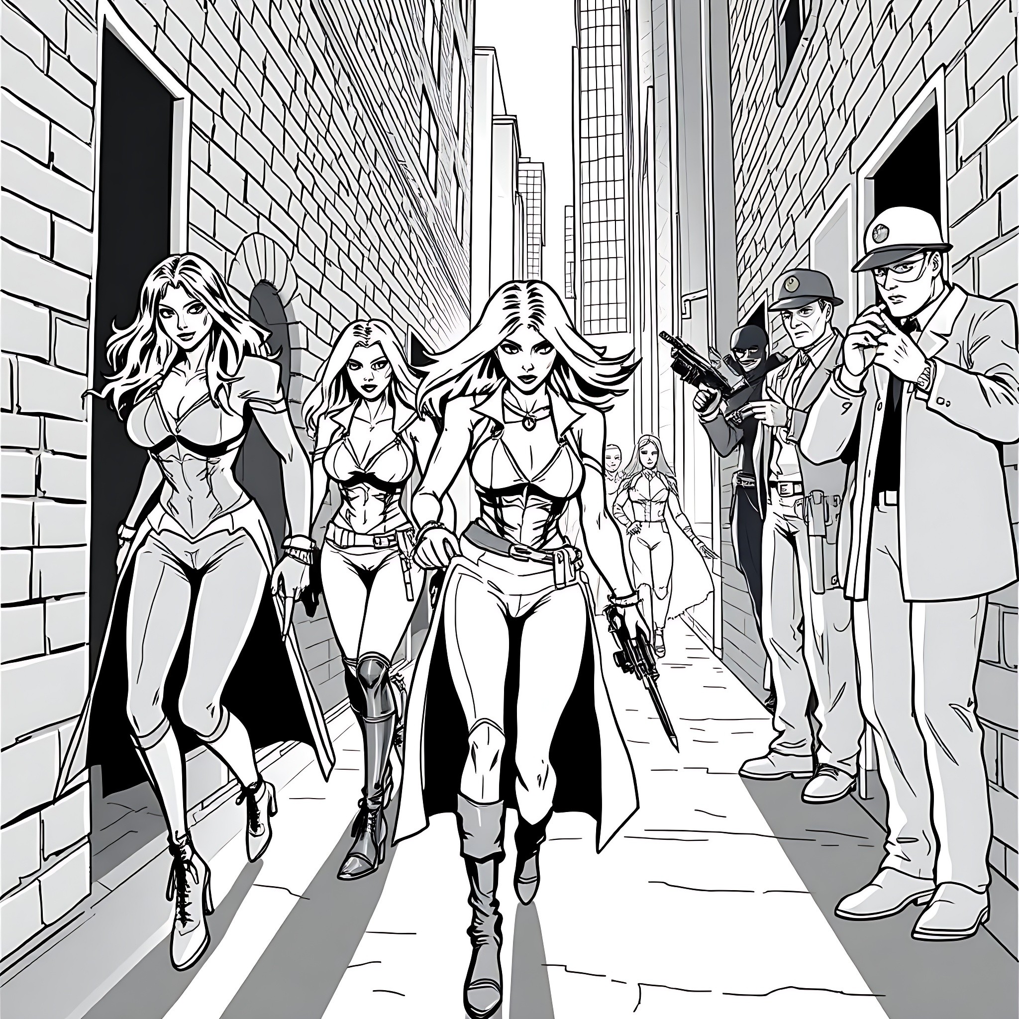 Woman heroes in an action-packed urban setting Coloring Page (free black-and-white line drawing printable PDF for all, from beginners to advanced learners, including children, teens, adults, and seniors)