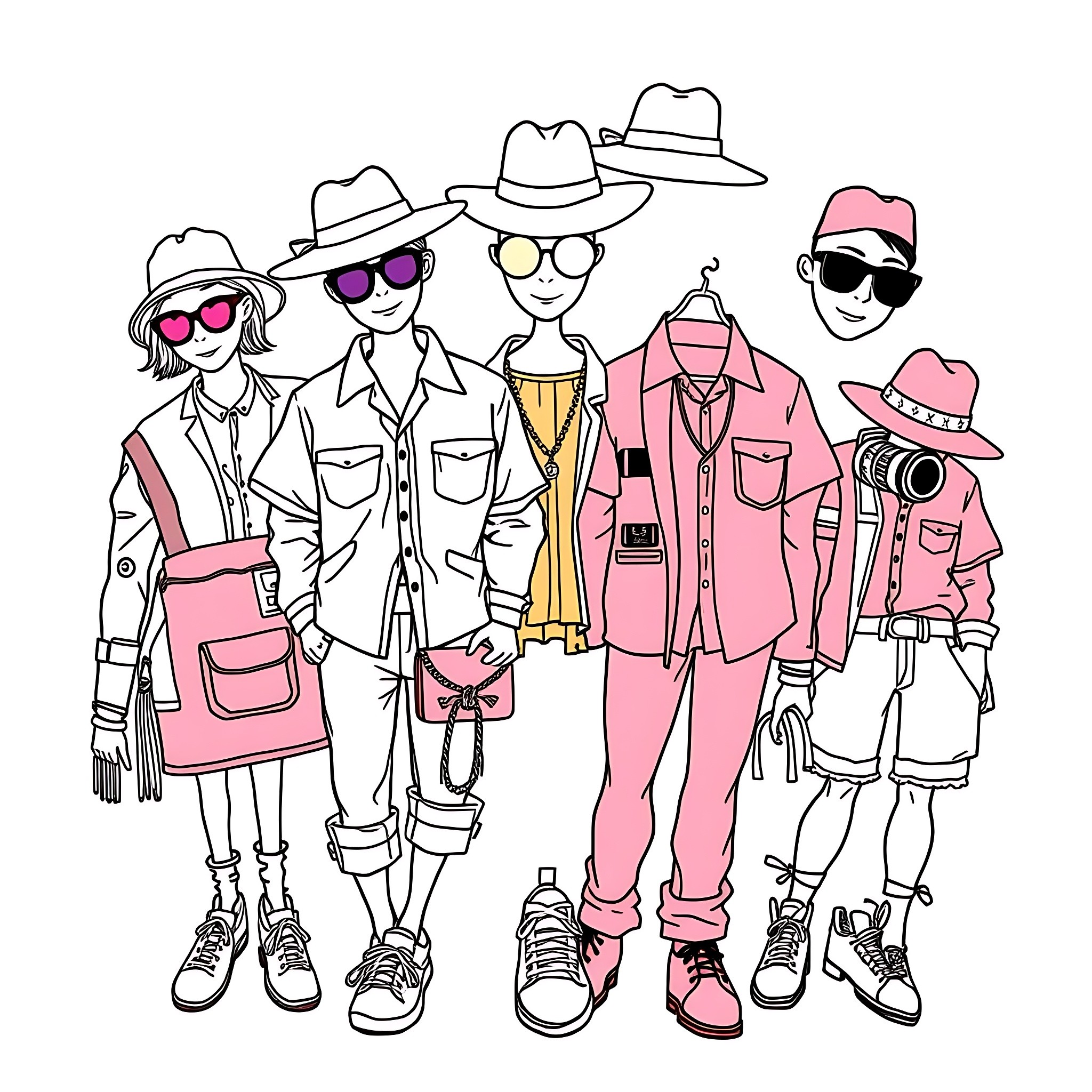 Clothing Characters in Stylish Outfits Coloring Page (free black-and-white line drawing printable PDF for all, from beginners to advanced learners, including children, teens, adults, and seniors)
