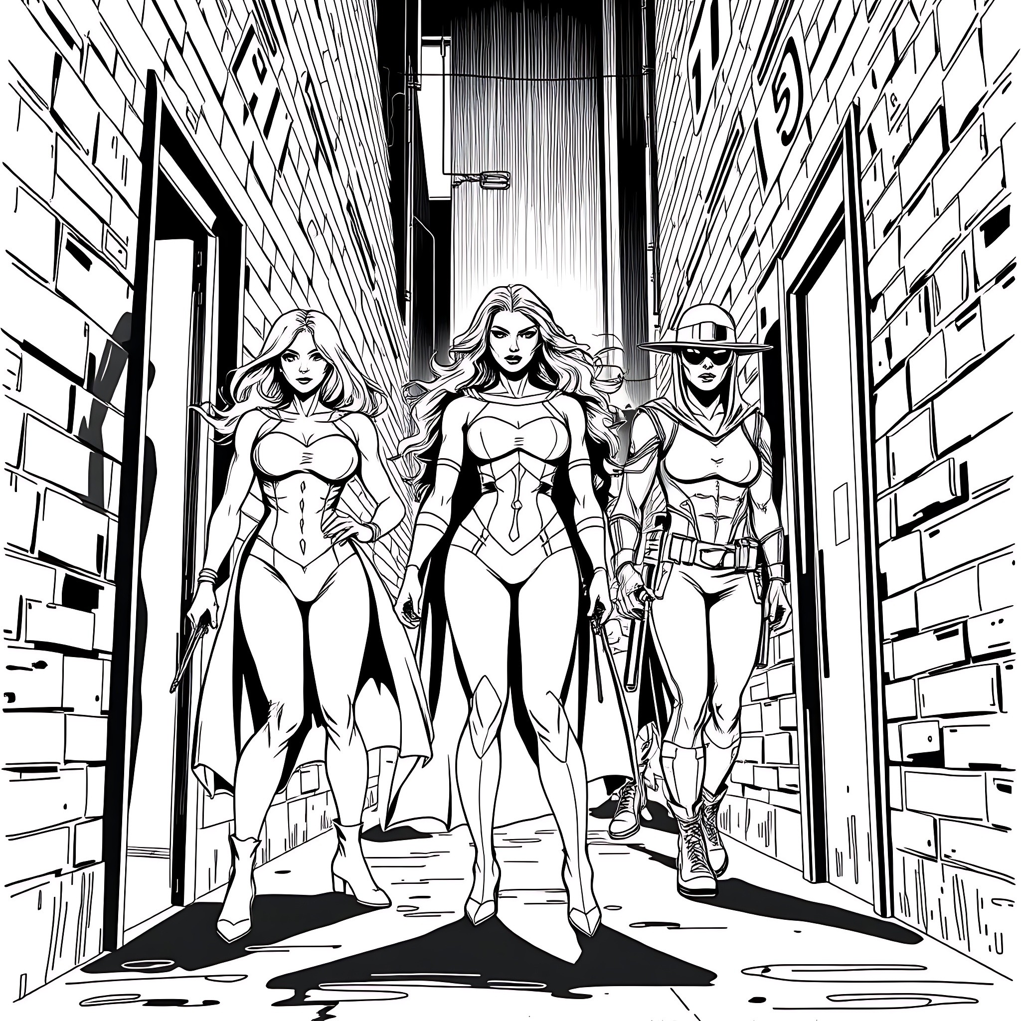 Woman heroes walking together in a dark alley Coloring Page (free black-and-white line drawing printable PDF for all, from beginners to advanced learners, including children, teens, adults, and seniors)