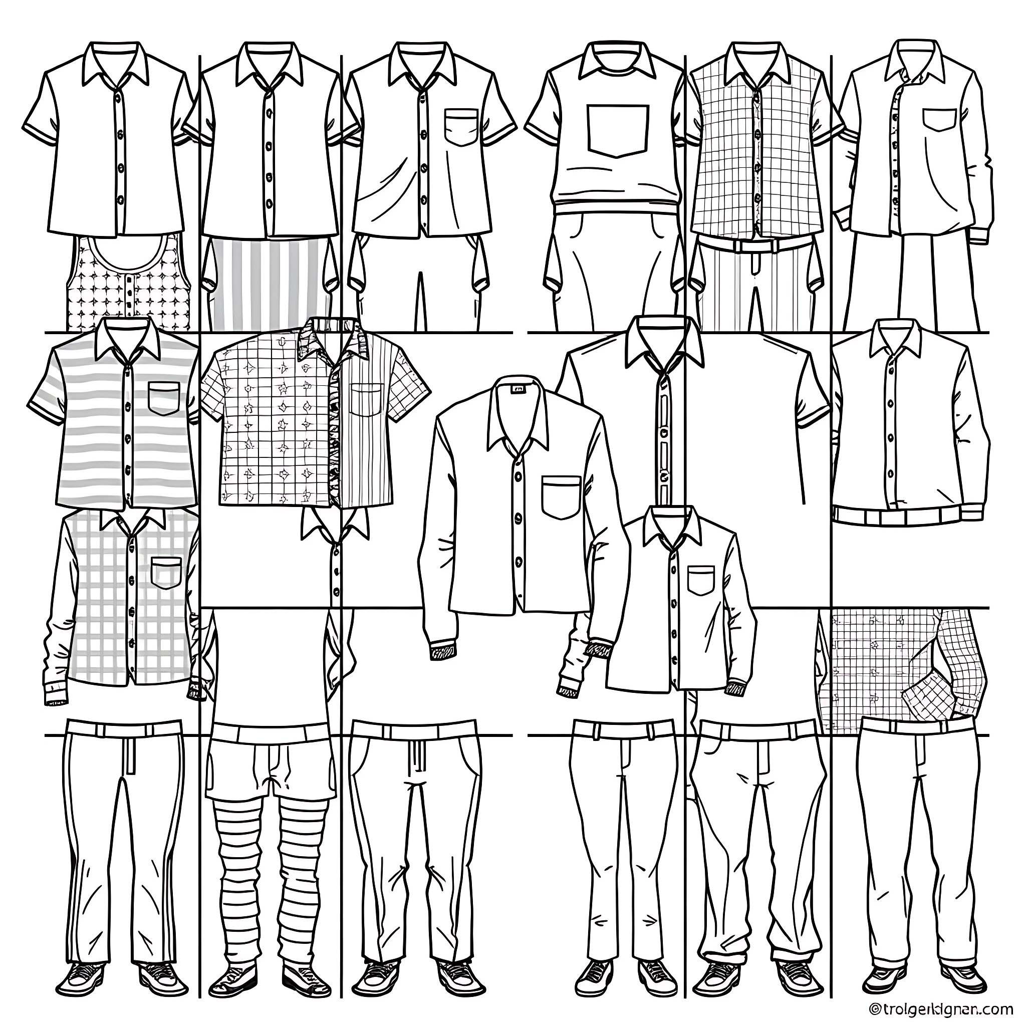 Clothing for various casual and formal occasions Coloring Page (free black-and-white line drawing printable PDF for all, from beginners to advanced learners, including children, teens, adults, and seniors)
