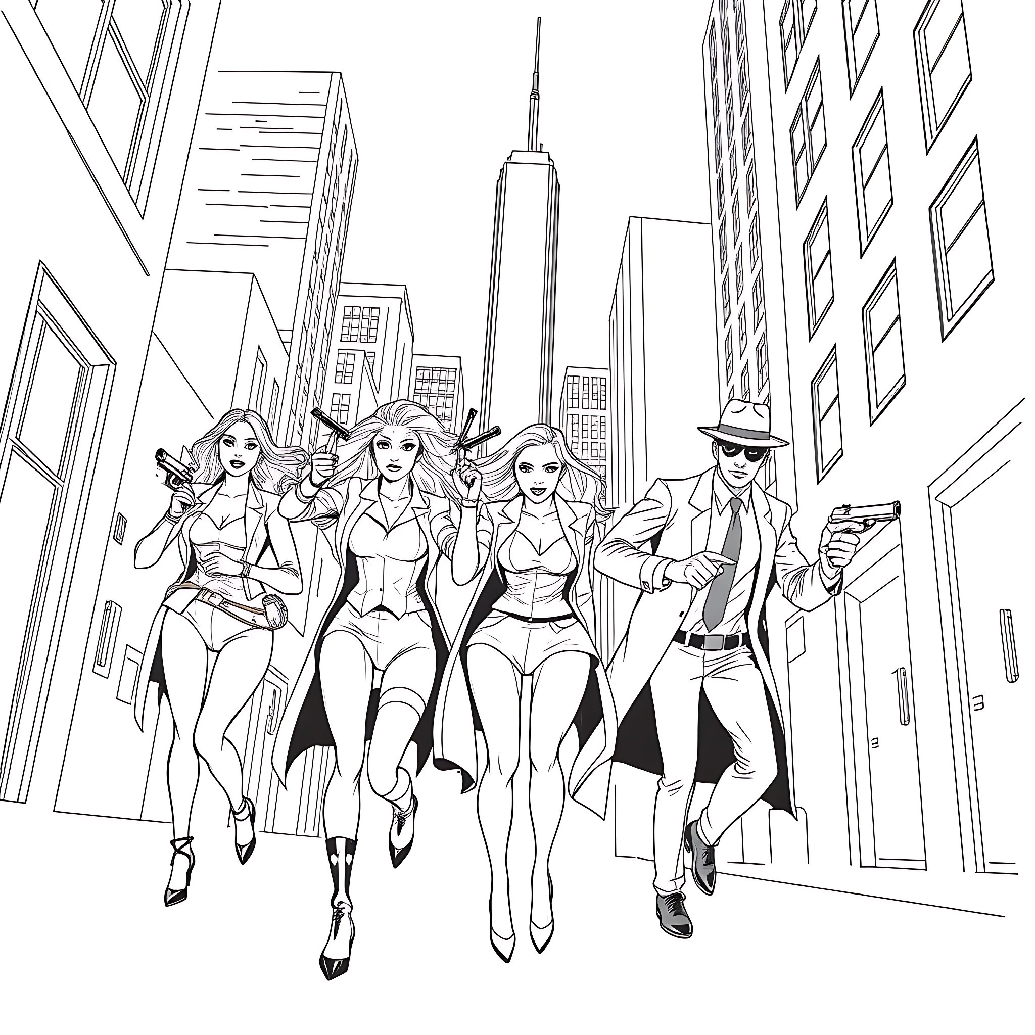 Superhero Team Assembles in the City Coloring Page (free black-and-white line drawing printable PDF for all, from beginners to advanced learners, including children, teens, adults, and seniors)