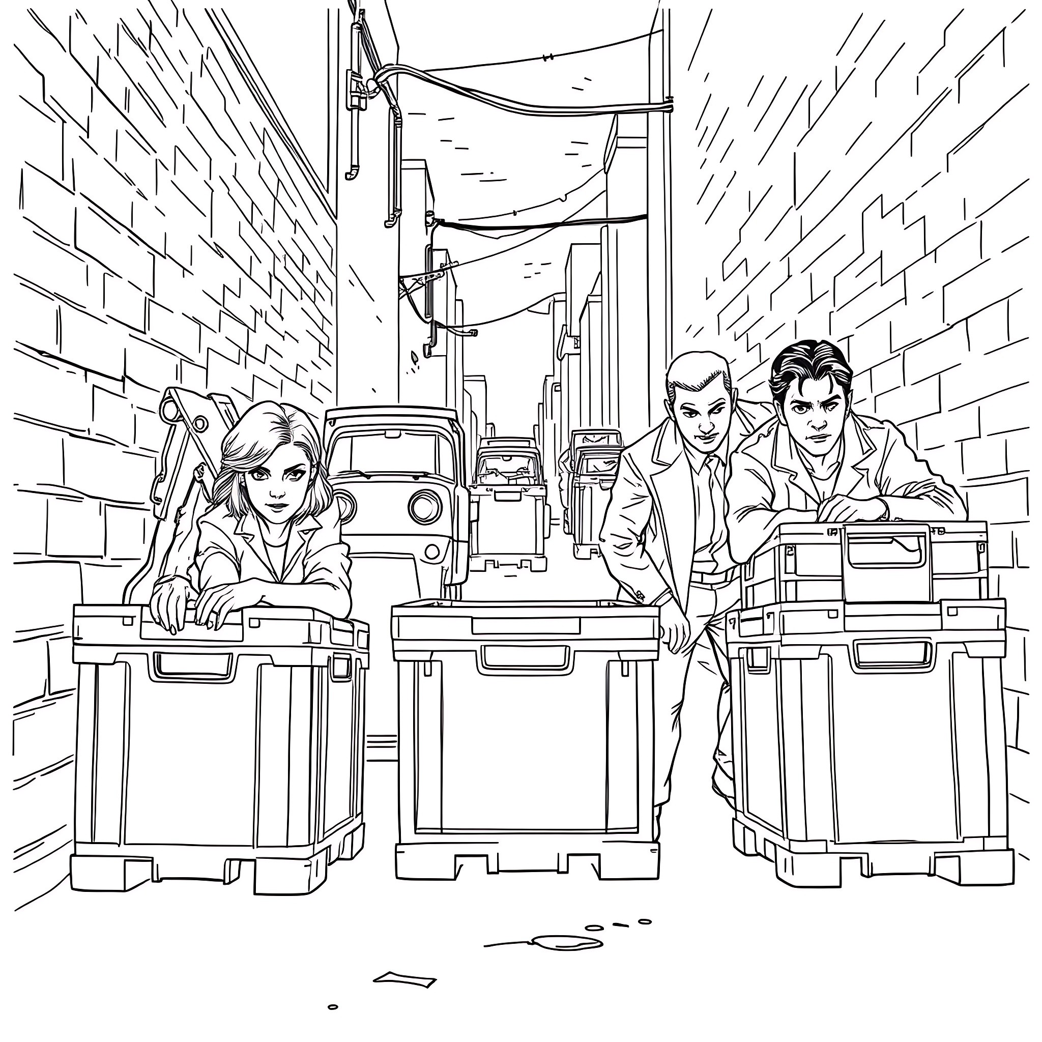 Woman inspecting boxes in a storage facility Coloring Page (free black-and-white line drawing printable PDF for all, from beginners to advanced learners, including children, teens, adults, and seniors)