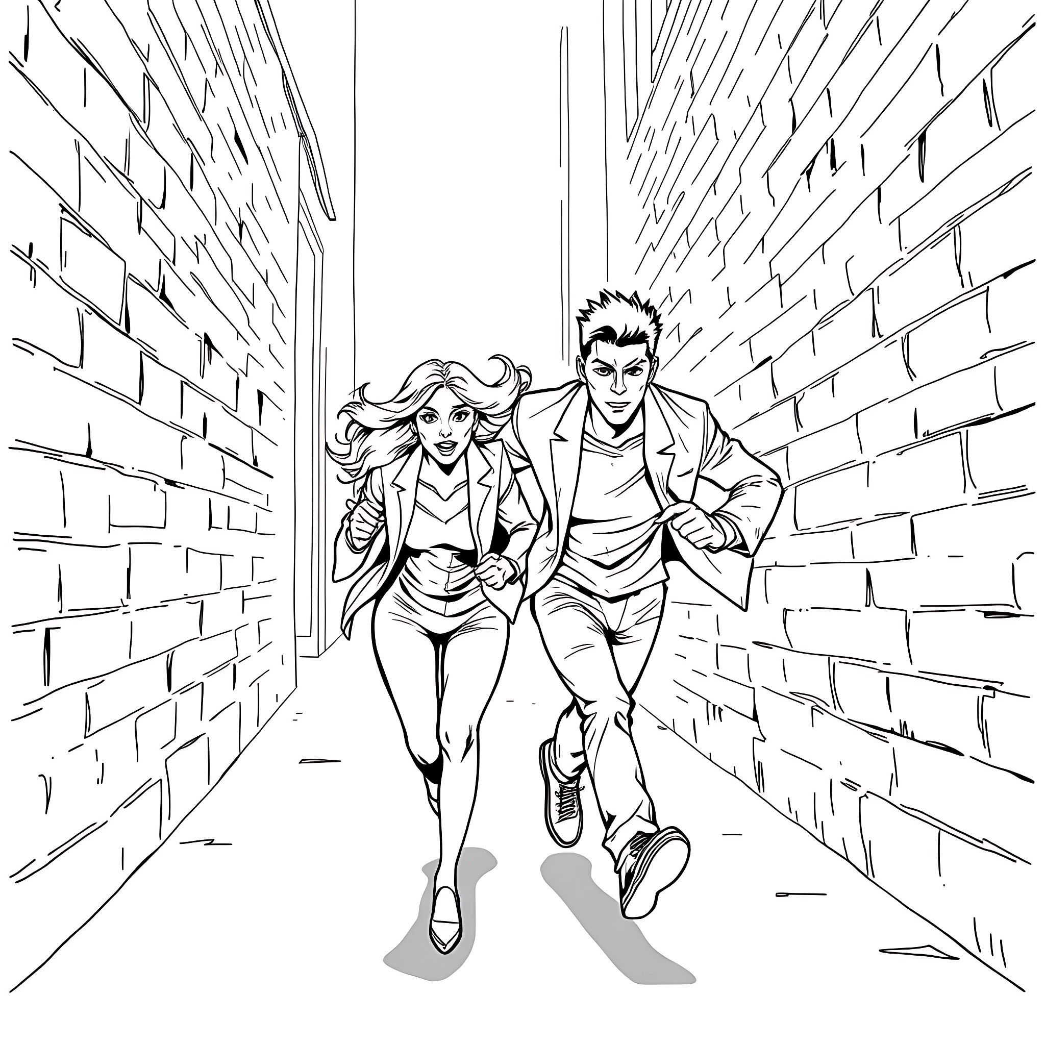 Woman running with man in urban alley Coloring Page (free black-and-white line drawing printable PDF for all, from beginners to advanced learners, including children, teens, adults, and seniors)