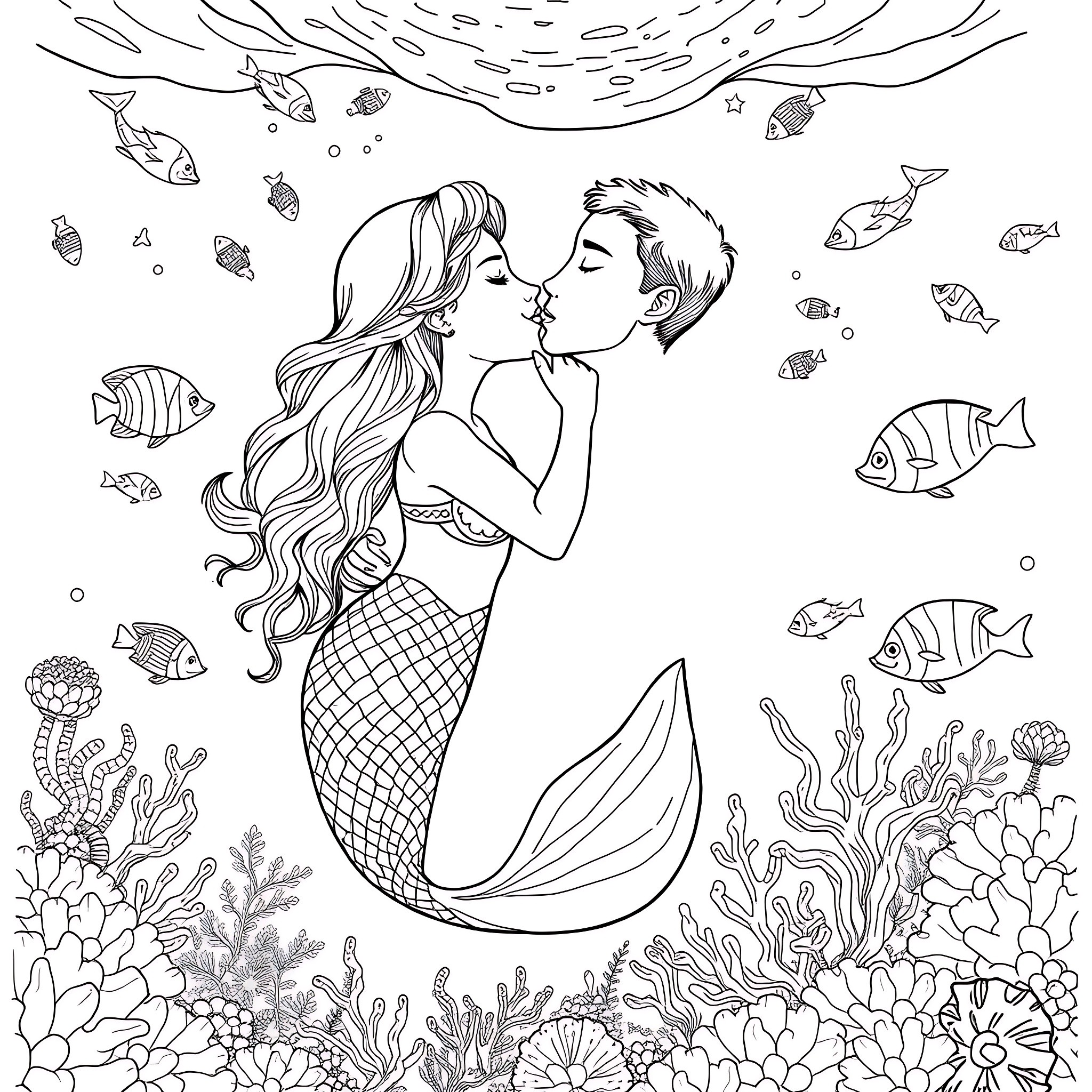 Mermaid couple kissing underwater with marine life Coloring Page (free black-and-white line drawing printable PDF for all, from beginners to advanced learners, including children, teens, adults, and seniors)