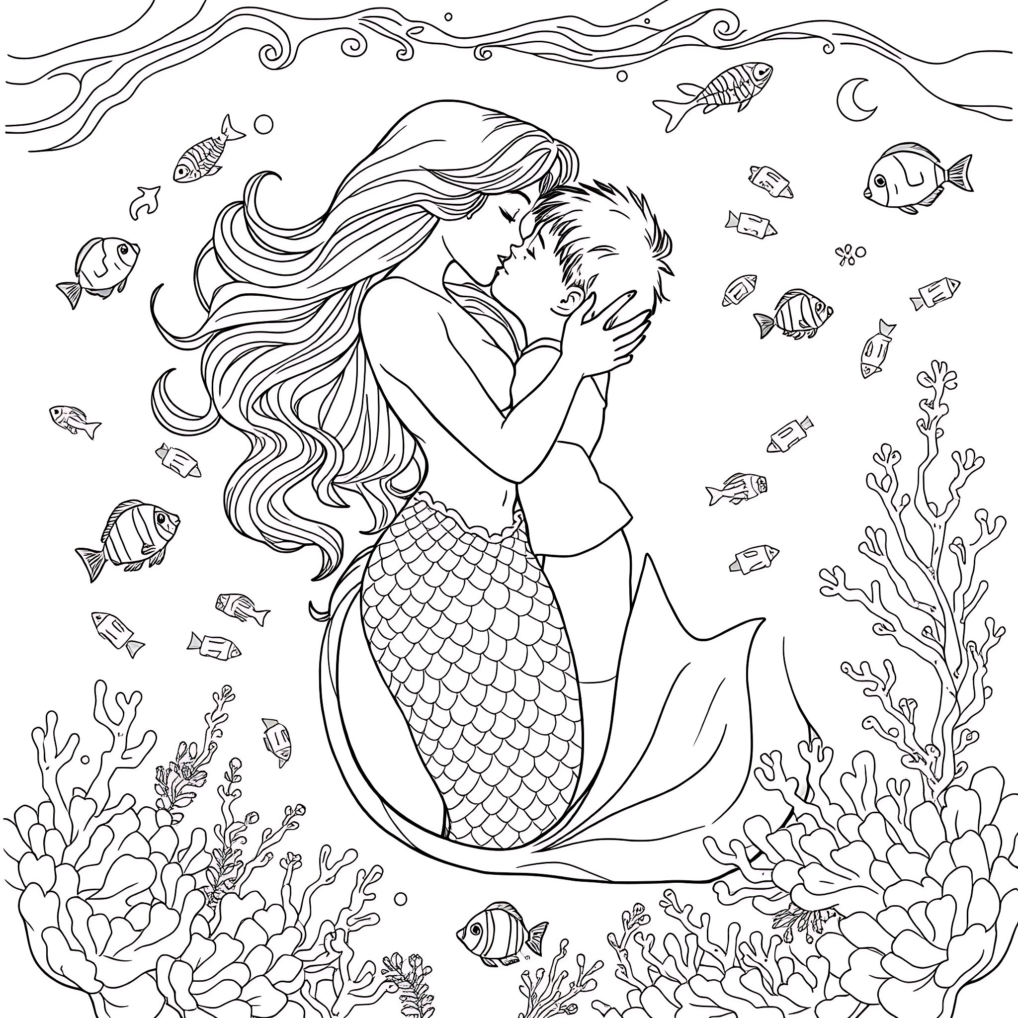 Mermaid embracing her lover underwater with sea creatures Coloring Page (free black-and-white line drawing printable PDF for all, from beginners to advanced learners, including children, teens, adults, and seniors)