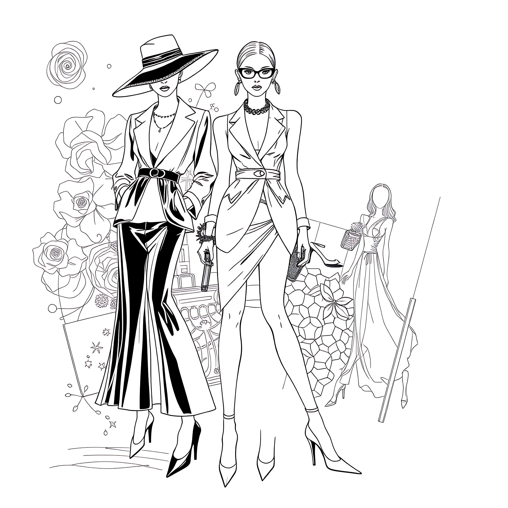 Fashion Models Showcasing Elegant Attire Coloring Page (free black-and-white line drawing printable PDF for all, from beginners to advanced learners, including children, teens, adults, and seniors)