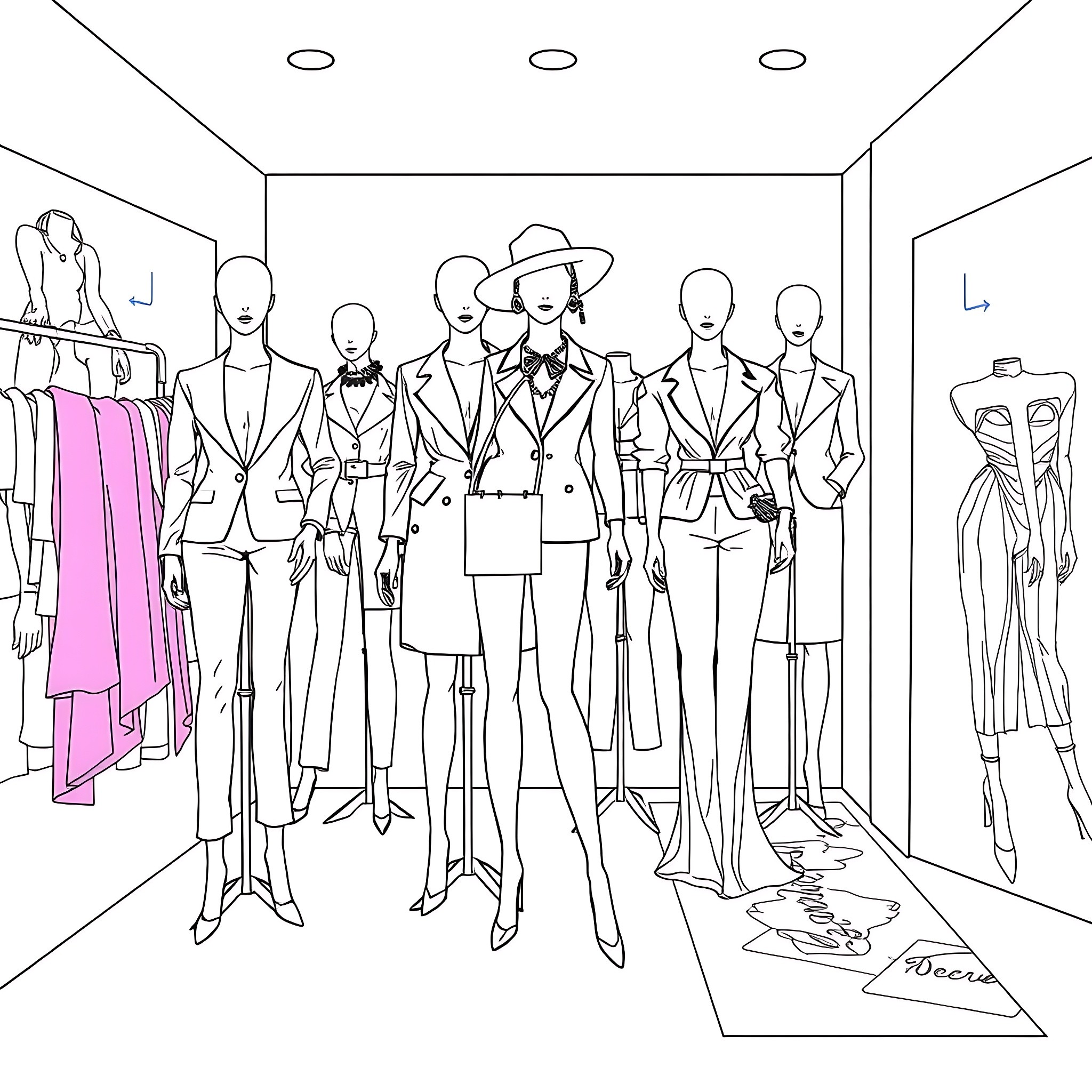 Fashion models displaying stylish outfits in a showroom Coloring Page (free black-and-white line drawing printable PDF for all, from beginners to advanced learners, including children, teens, adults, and seniors)