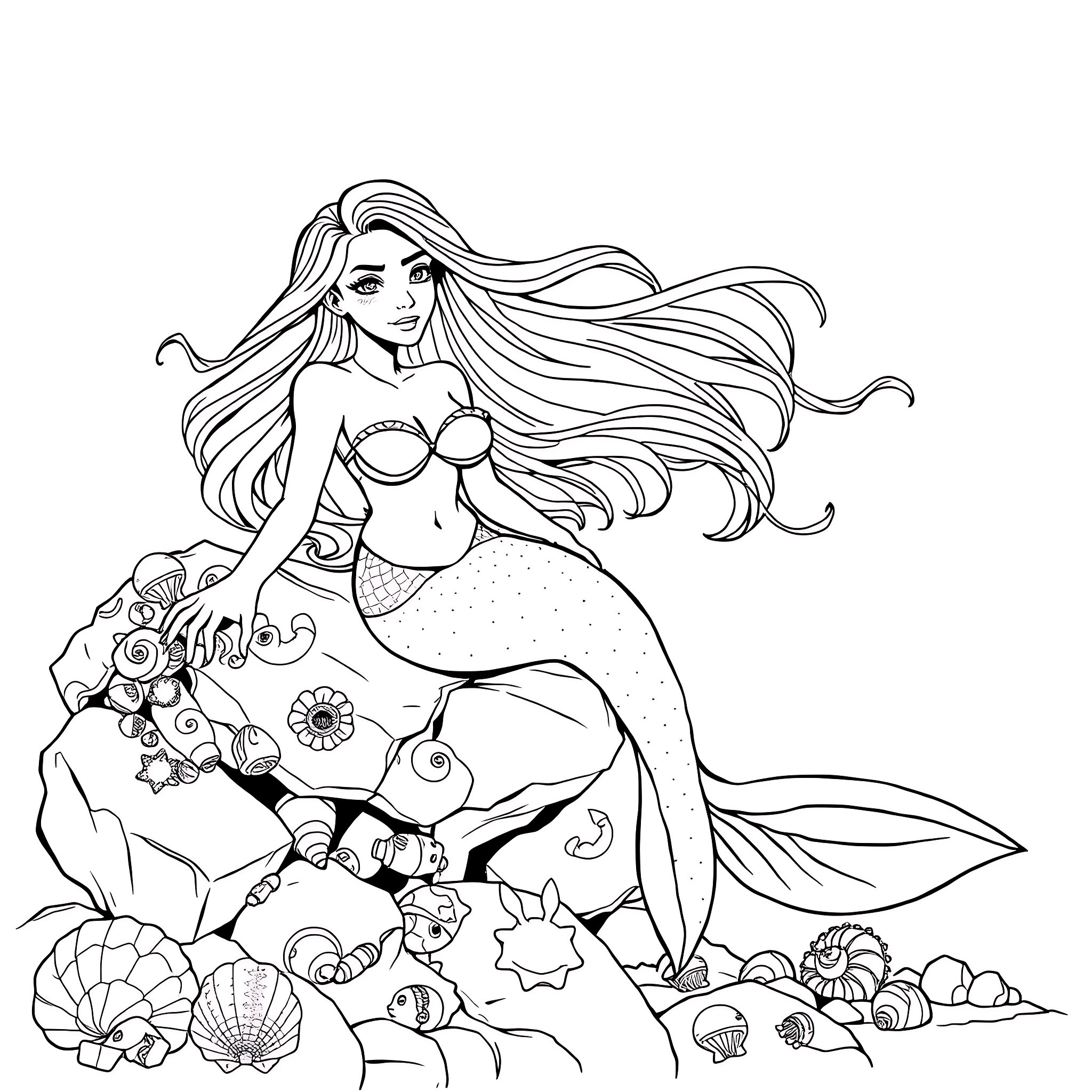 Mermaid with flowing hair surrounded by marine life Coloring Page (free black-and-white line drawing printable PDF for all, from beginners to advanced learners, including children, teens, adults, and seniors)