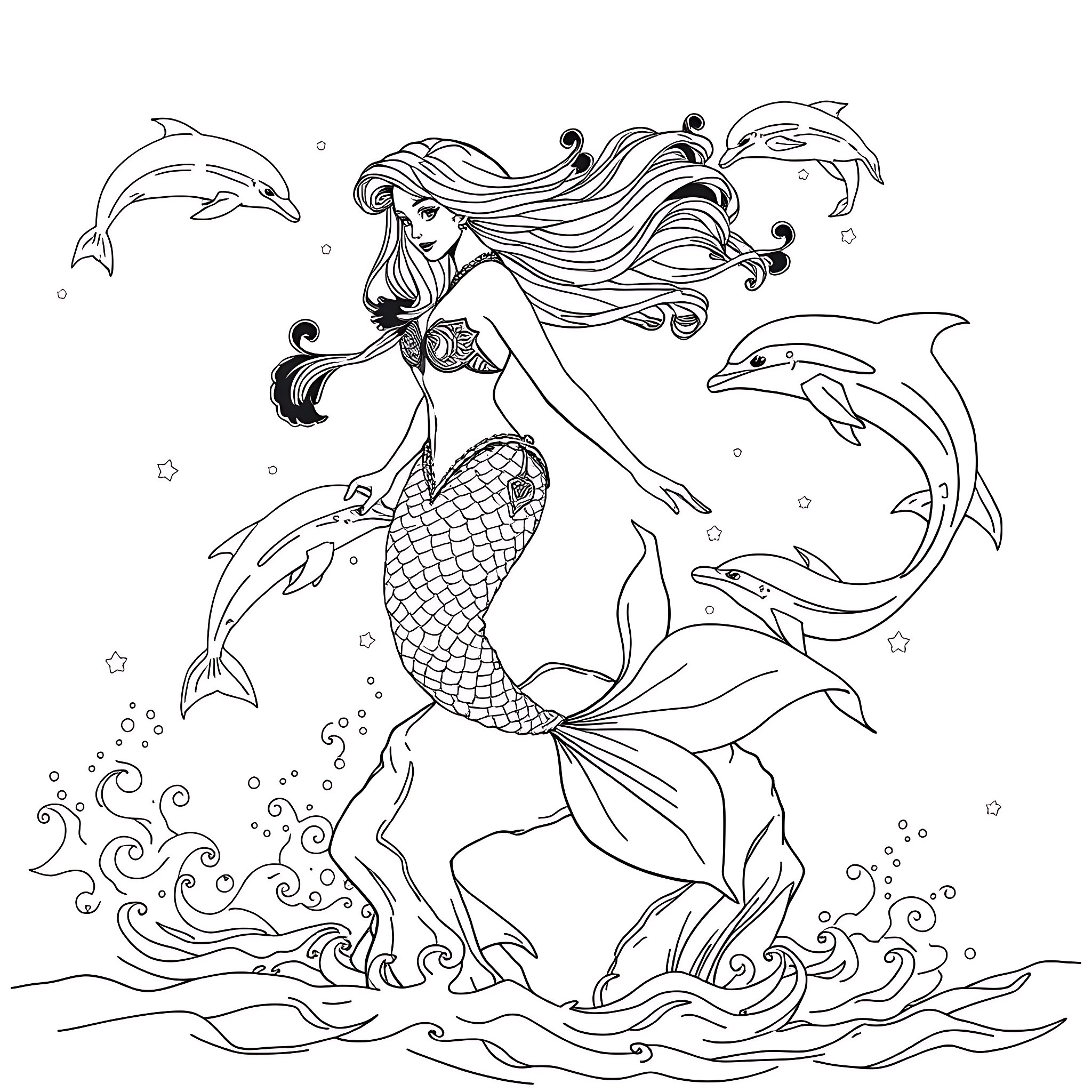 Mermaid dancing with dolphins in the ocean Coloring Page (free black-and-white line drawing printable PDF for all, from beginners to advanced learners, including children, teens, adults, and seniors)