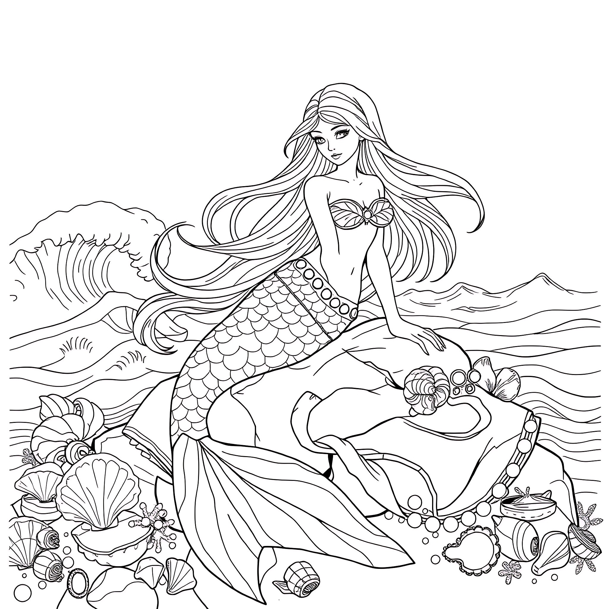 Mermaid swimming gracefully in the ocean Coloring Page (free black-and-white line drawing printable PDF for all, from beginners to advanced learners, including children, teens, adults, and seniors)