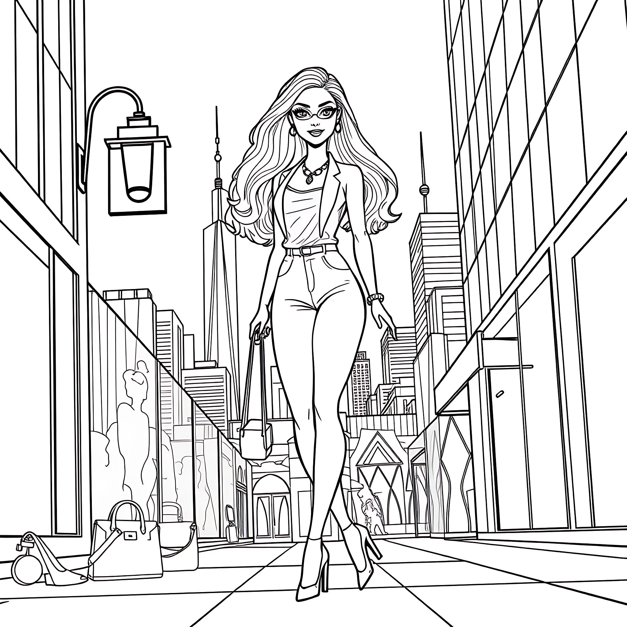 Barbie exploring the city in stylish outfit Coloring Page (free black-and-white line drawing printable PDF for all, from beginners to advanced learners, including children, teens, adults, and seniors)