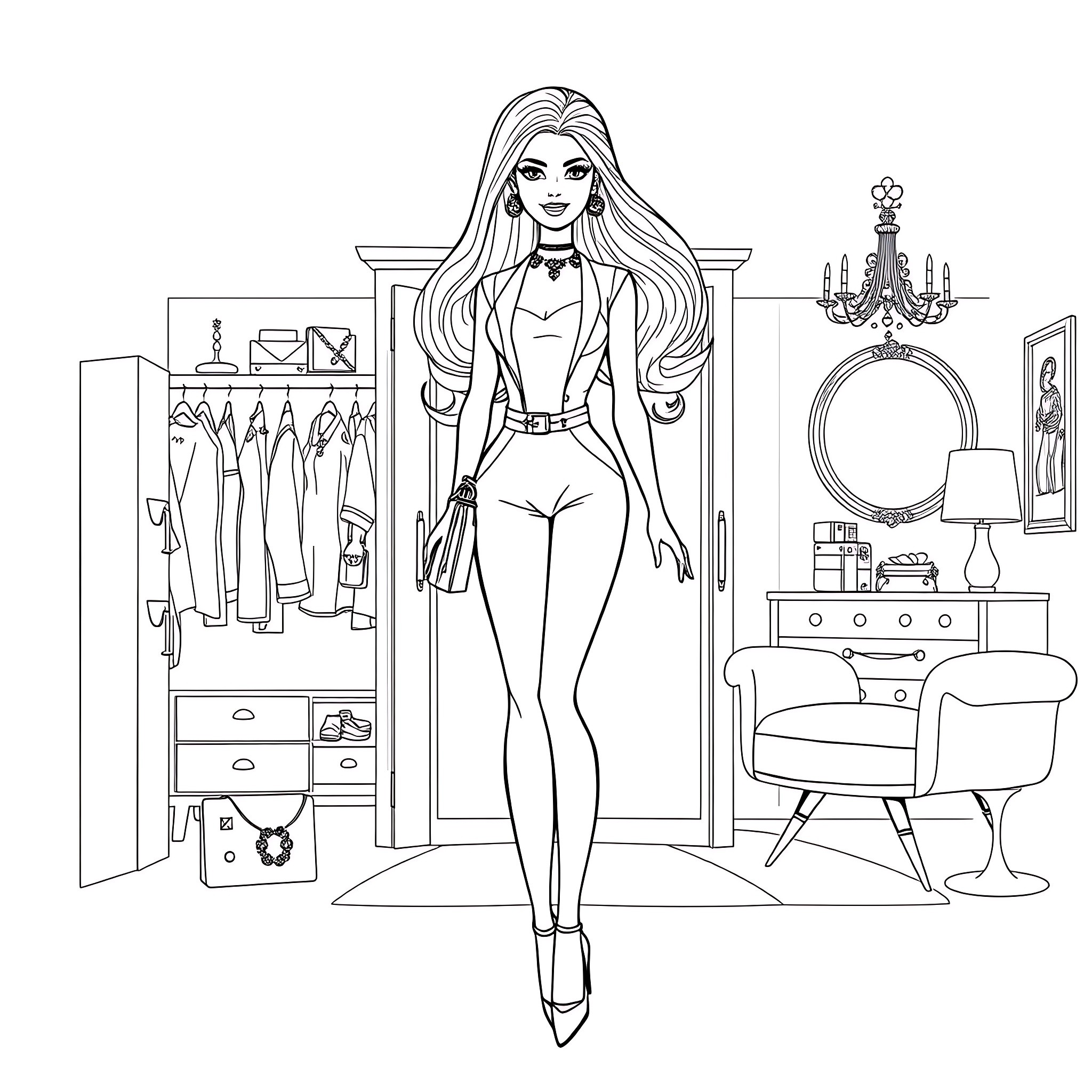 Barbie admiring her fashionable wardrobe Coloring Page (free black-and-white line drawing printable PDF for all, from beginners to advanced learners, including children, teens, adults, and seniors)