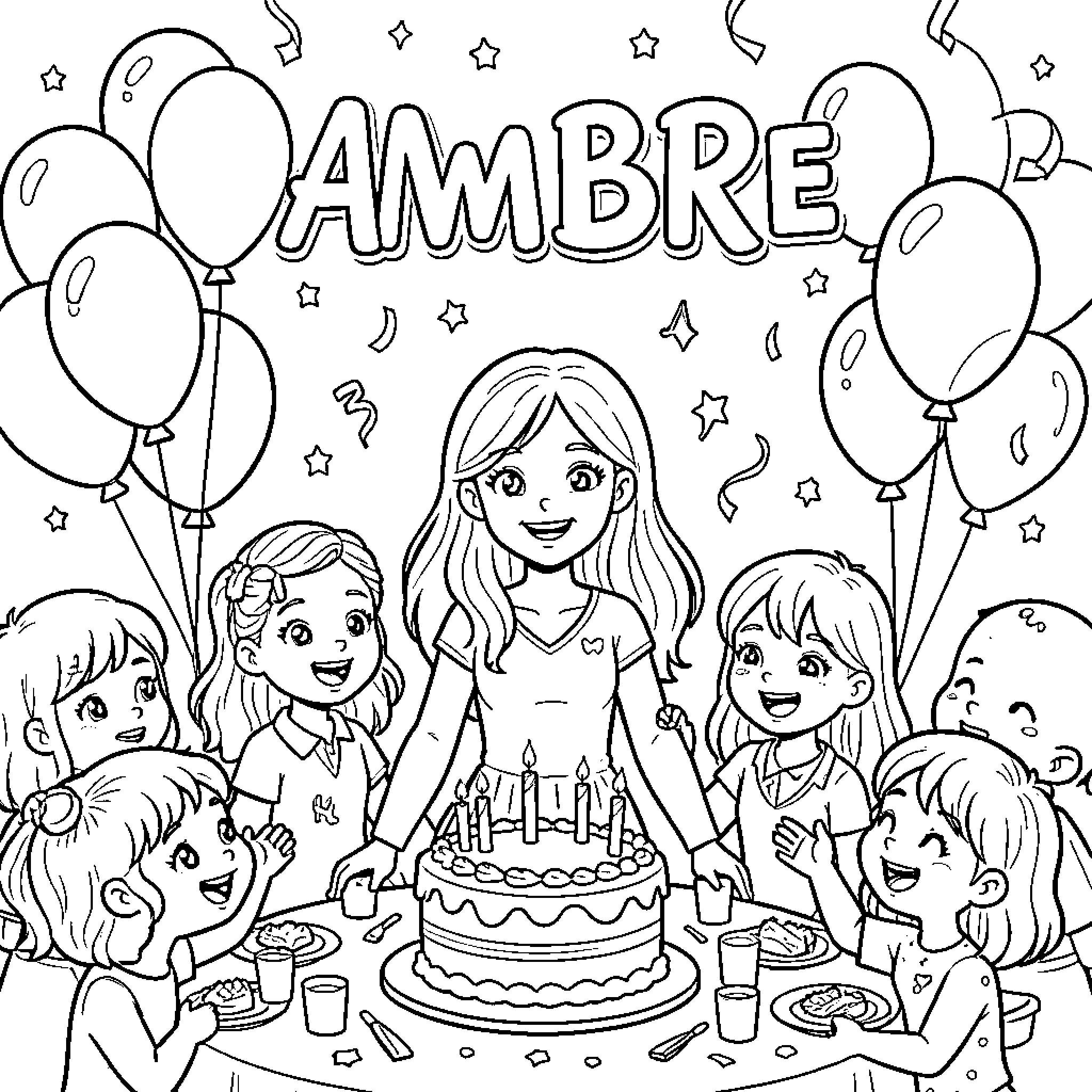 Ambre celebrating a birthday party with her friends Coloring Page (free black-and-white line drawing printable PDF for all, from beginners to advanced learners, including children, teens, adults, and seniors)