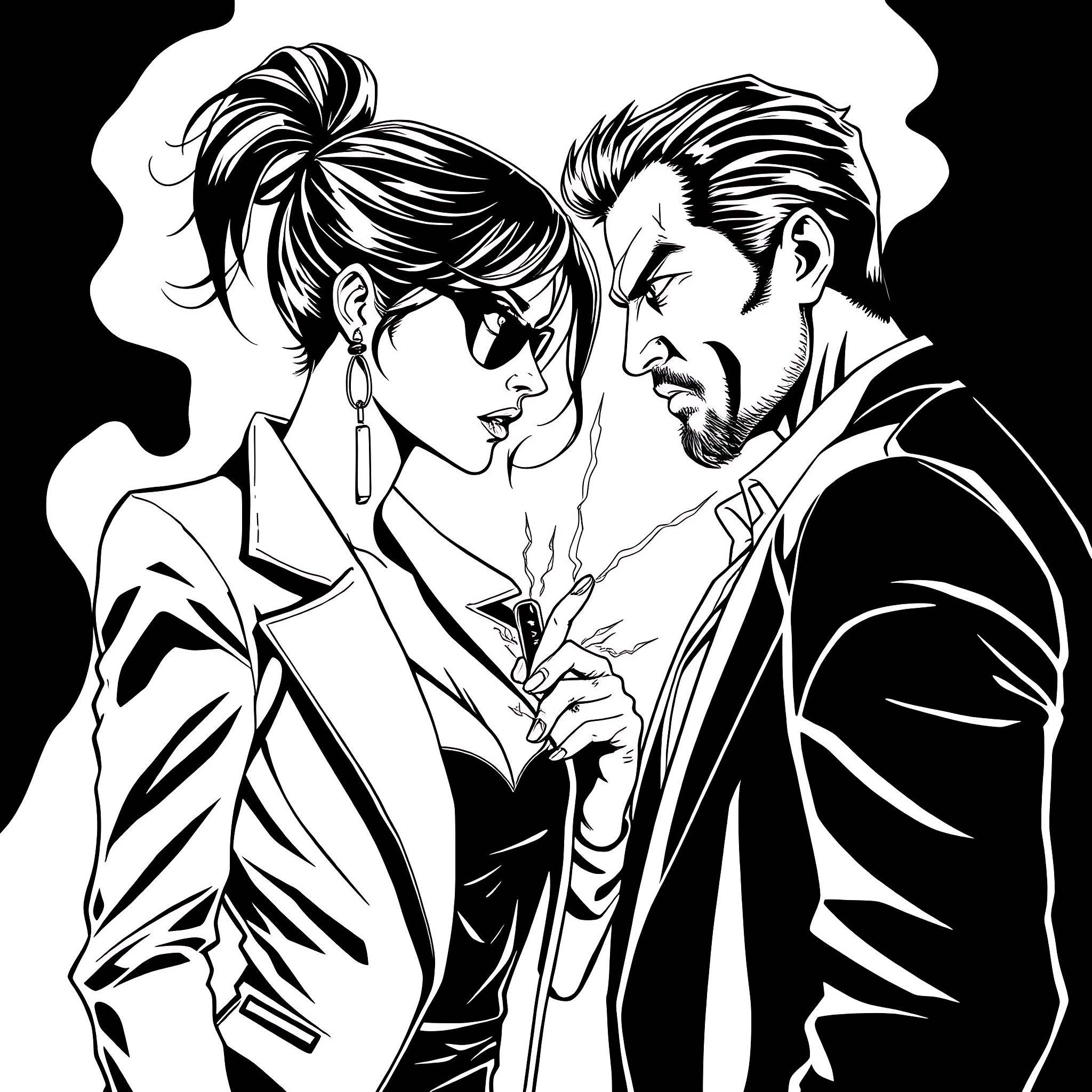 Woman in intense conversation with man in formal attire Coloring Page (free black-and-white line drawing printable PDF for all, from beginners to advanced learners, including children, teens, adults, and seniors)