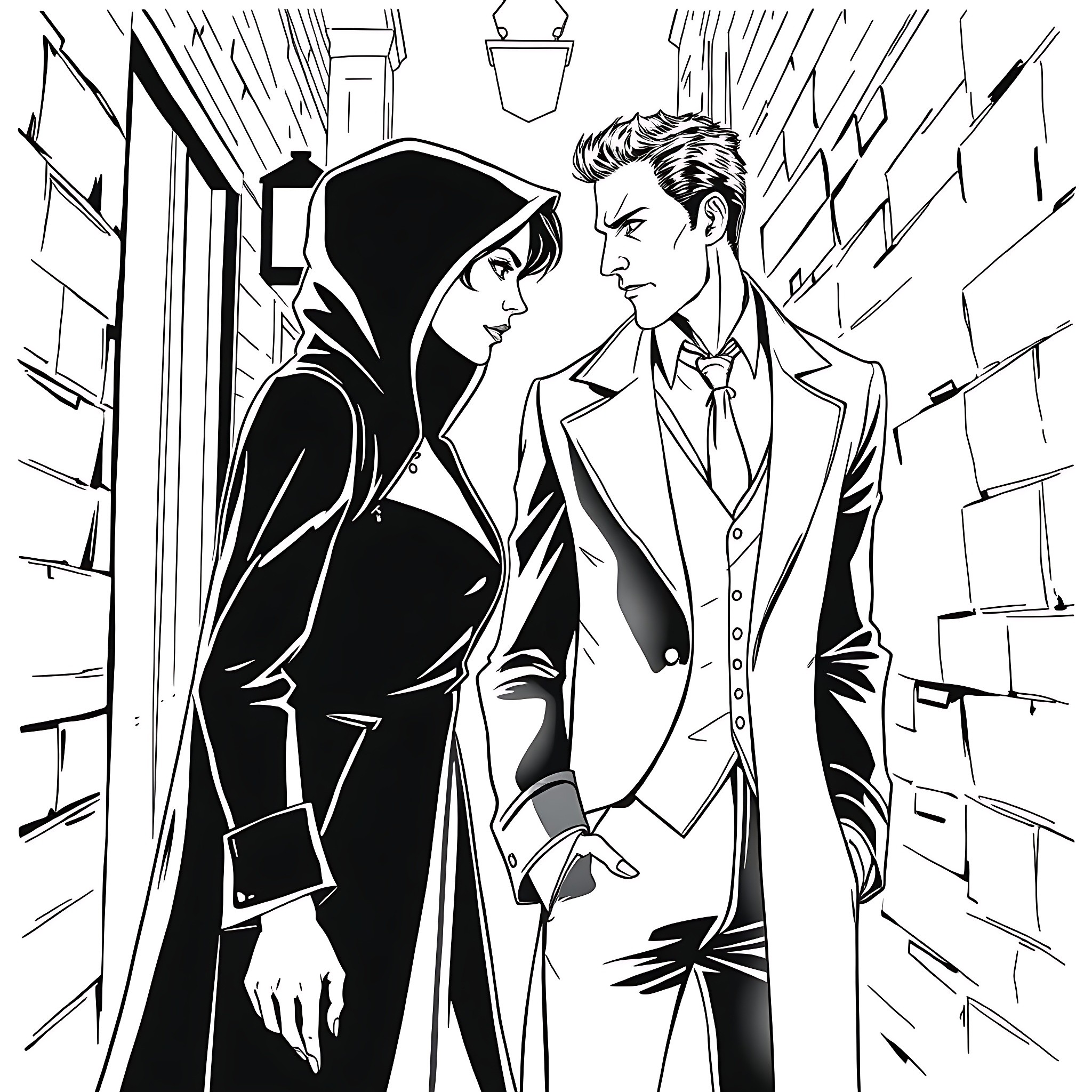 Spy couple in a shadowy alley Coloring Page (free black-and-white line drawing printable PDF for all, from beginners to advanced learners, including children, teens, adults, and seniors)
