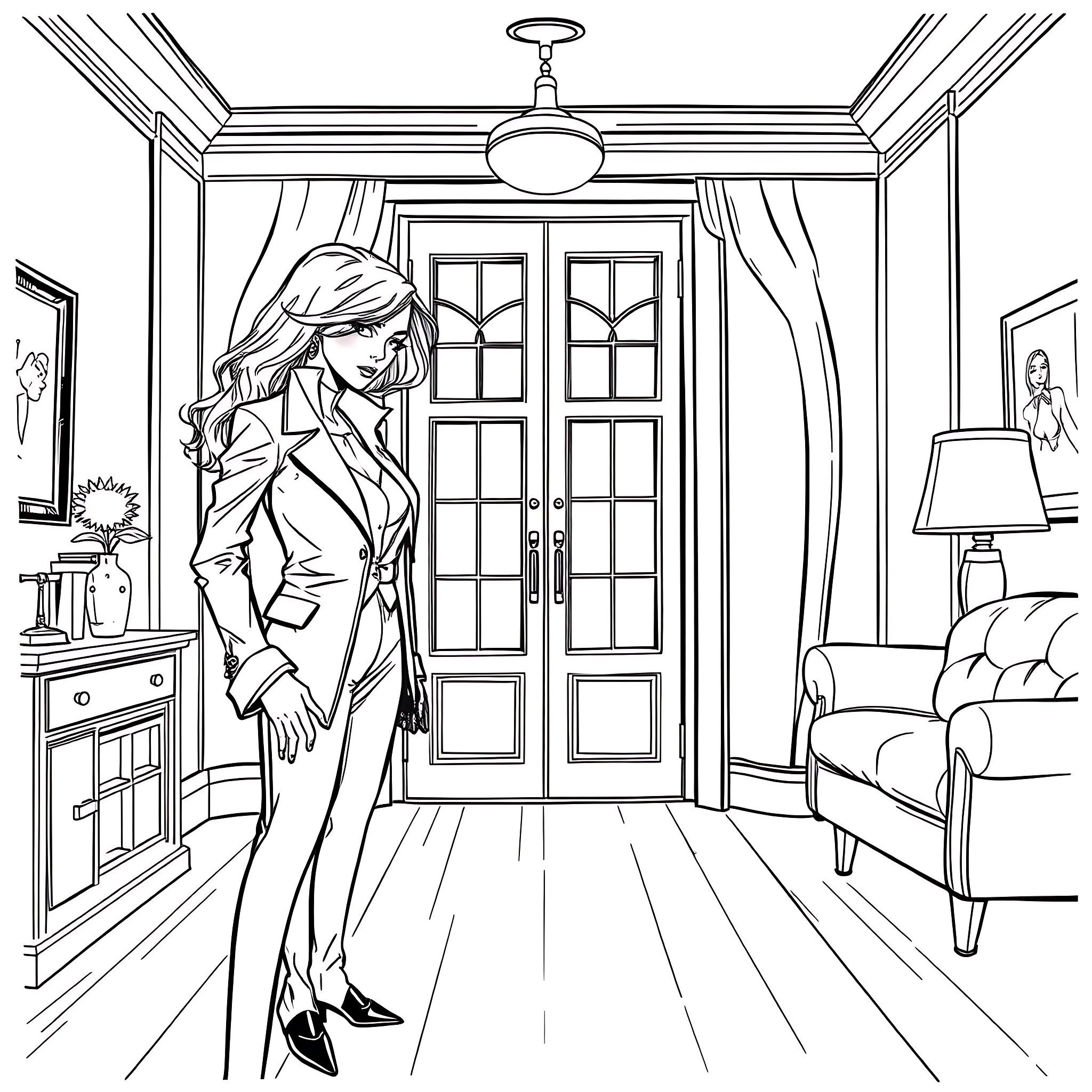 Woman in elegant formal attire standing in ornate interior Coloring Page (free black-and-white line drawing printable PDF for all, from beginners to advanced learners, including children, teens, adults, and seniors)
