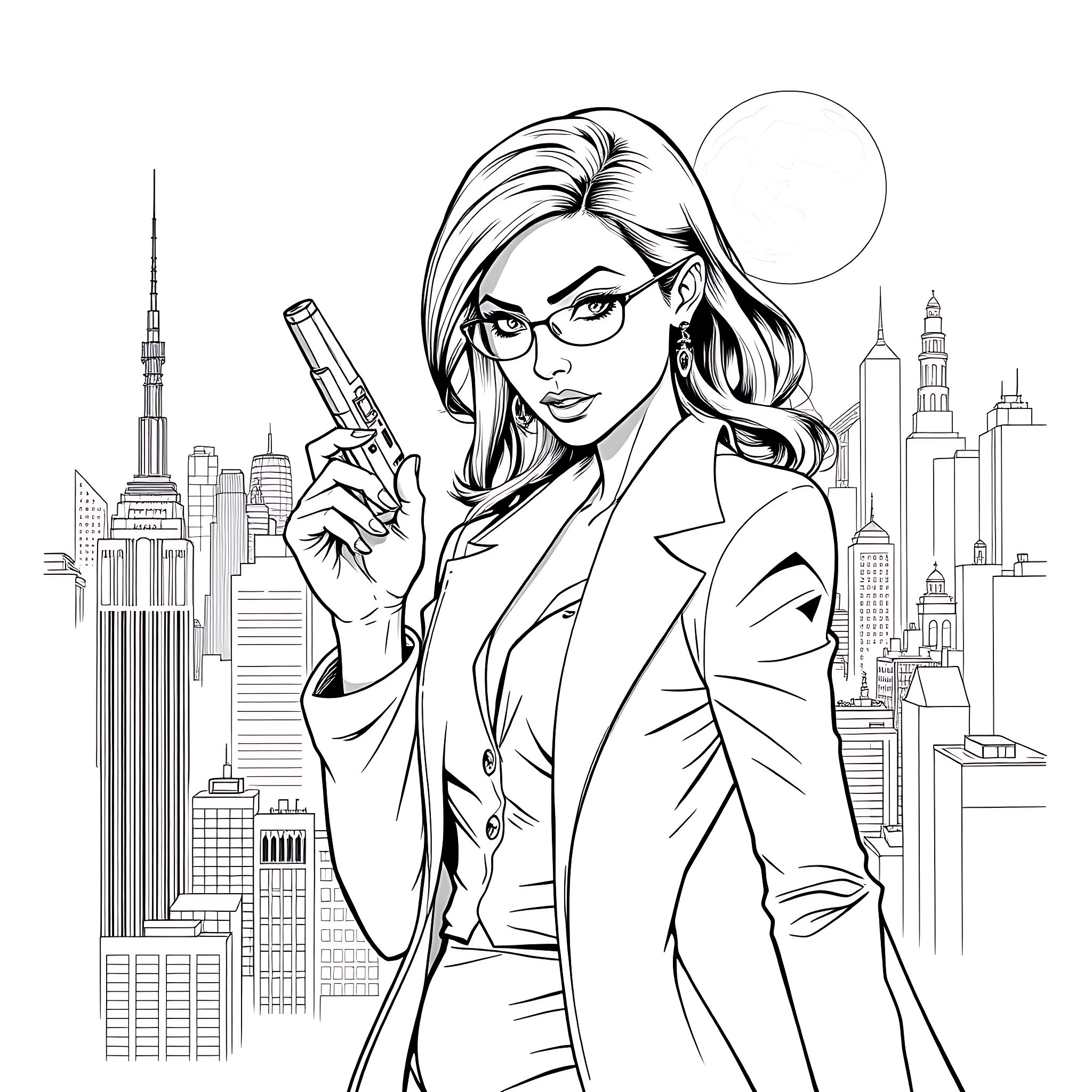 Woman detective in suit holding gun in the city Coloring Page (free black-and-white line drawing printable PDF for all, from beginners to advanced learners, including children, teens, adults, and seniors)