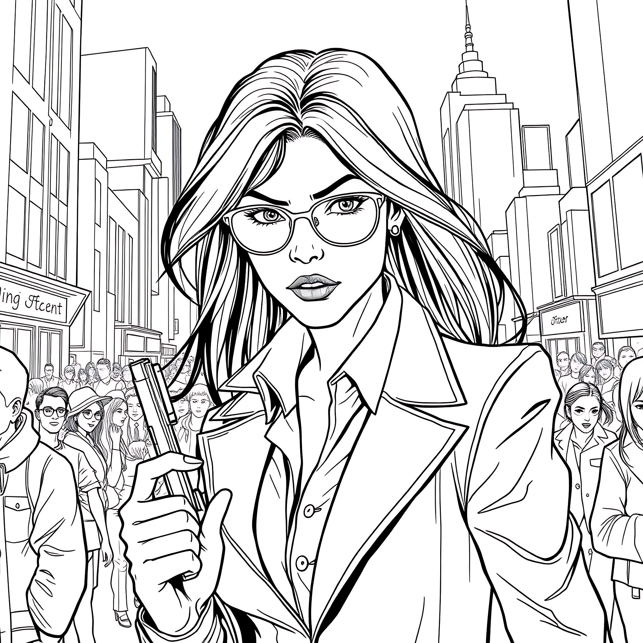 Woman with glasses walking through the city Coloring Page (free black-and-white line drawing printable PDF for all, from beginners to advanced learners, including children, teens, adults, and seniors)