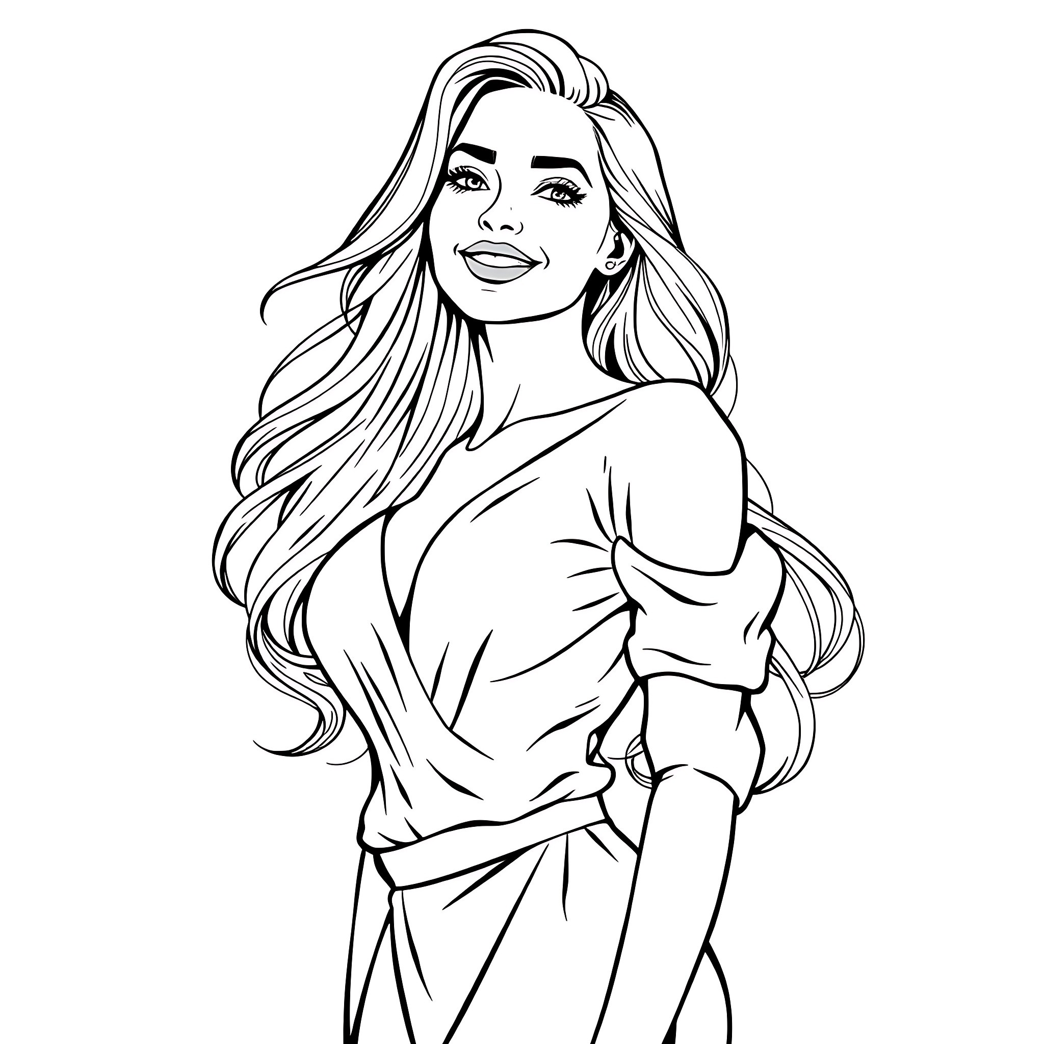 Woman with flowing hair in relaxed pose Coloring Page (free black-and-white line drawing printable PDF for all, from beginners to advanced learners, including children, teens, adults, and seniors)
