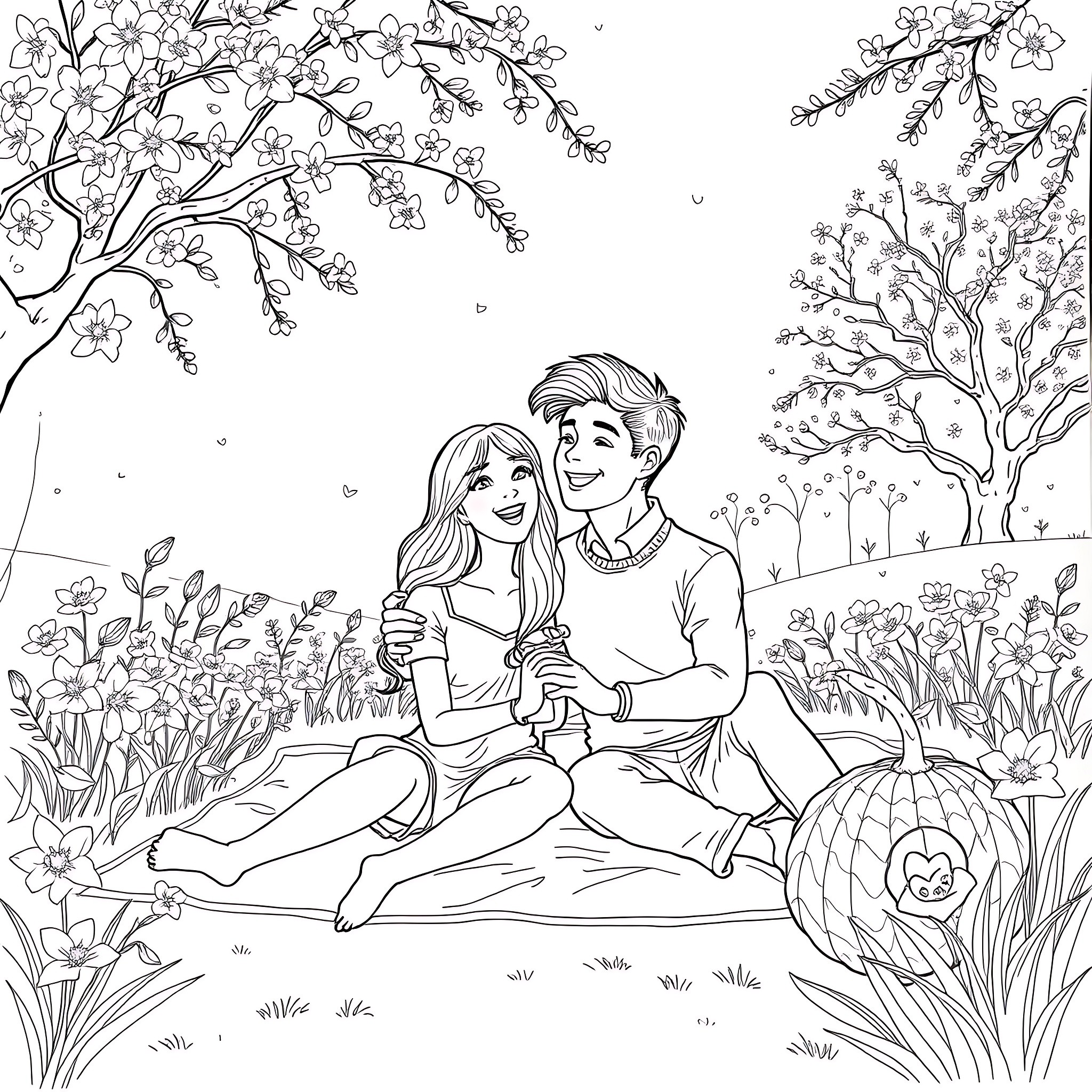 Couple enjoying nature together Coloring Page (free black-and-white line drawing printable PDF for all, from beginners to advanced learners, including children, teens, adults, and seniors)