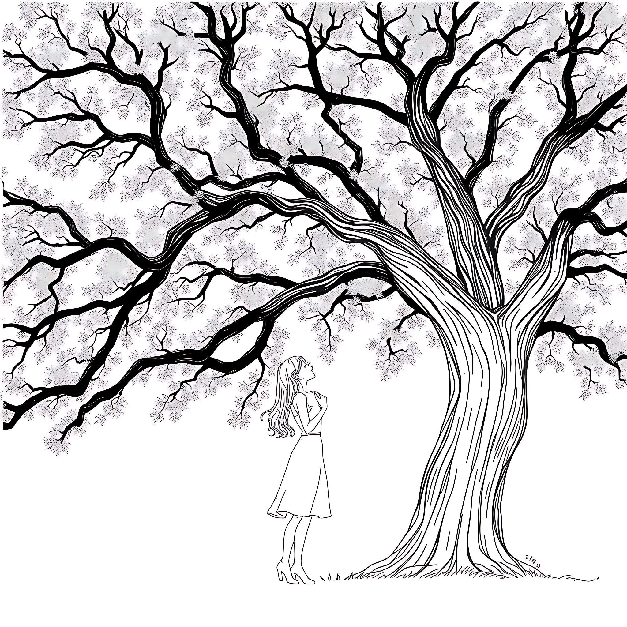 Kiss under the Twisted Tree Coloring Page (free black-and-white line drawing printable PDF for all, from beginners to advanced learners, including children, teens, adults, and seniors)