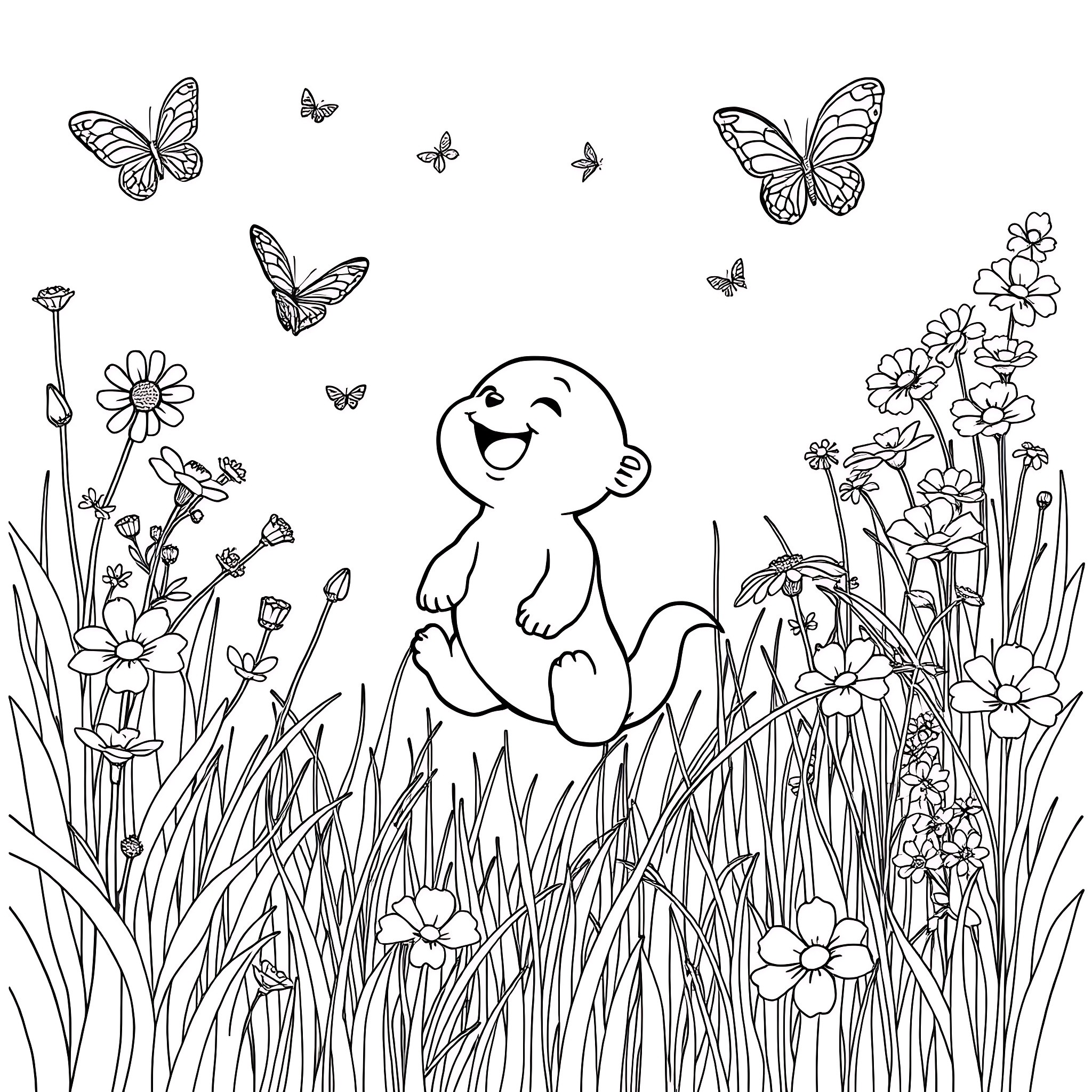 Little Colorful Critters in a Blooming Garden Coloring Page (free black-and-white line drawing printable PDF for all, from beginners to advanced learners, including children, teens, adults, and seniors)