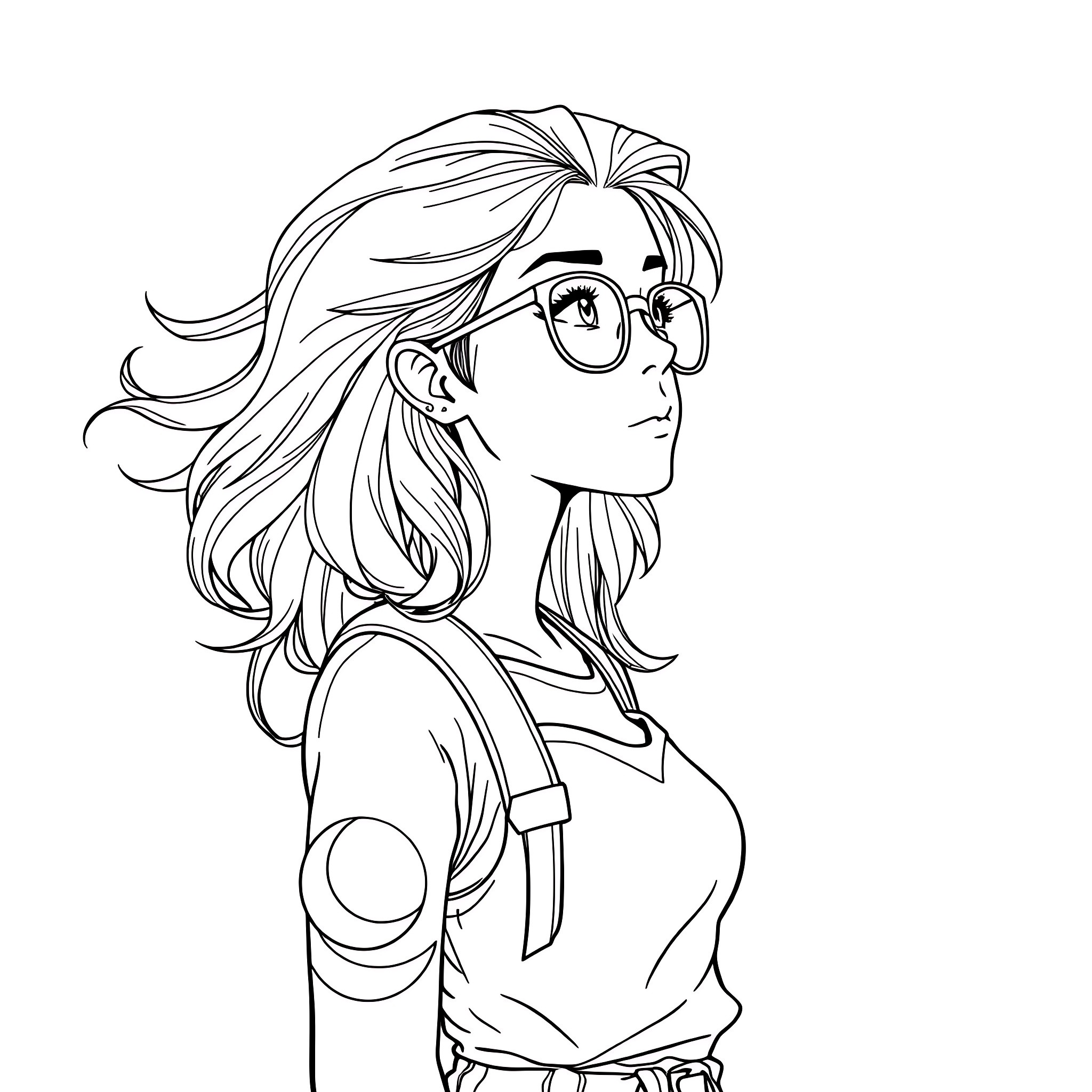 Teen Girl with Flowing Hair and Glasses Coloring Page (free black-and-white line drawing printable PDF for all, from beginners to advanced learners, including children, teens, adults, and seniors)