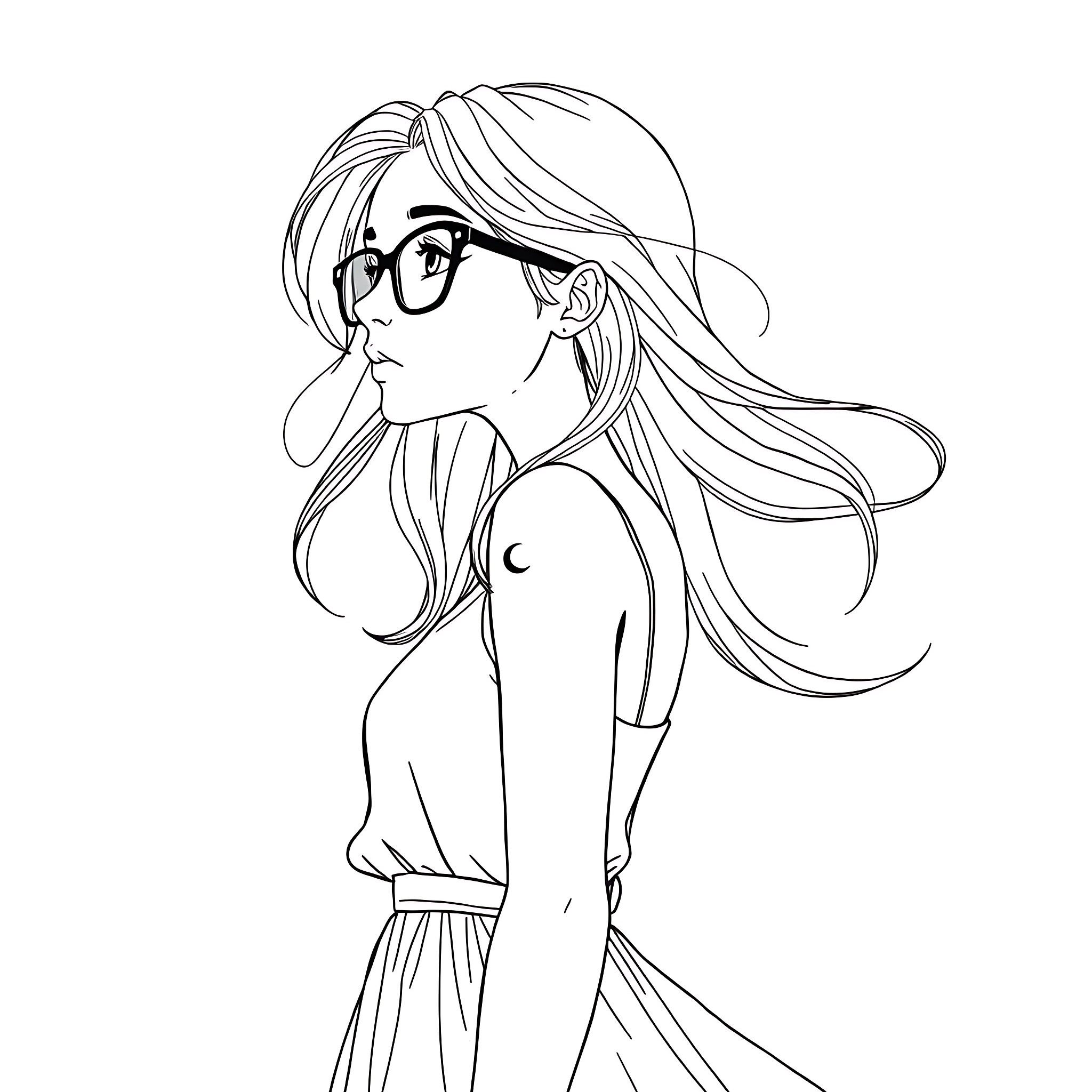 Teen Girl with Long Hair and Glasses Coloring Page (free black-and-white line drawing printable PDF for all, from beginners to advanced learners, including children, teens, adults, and seniors)