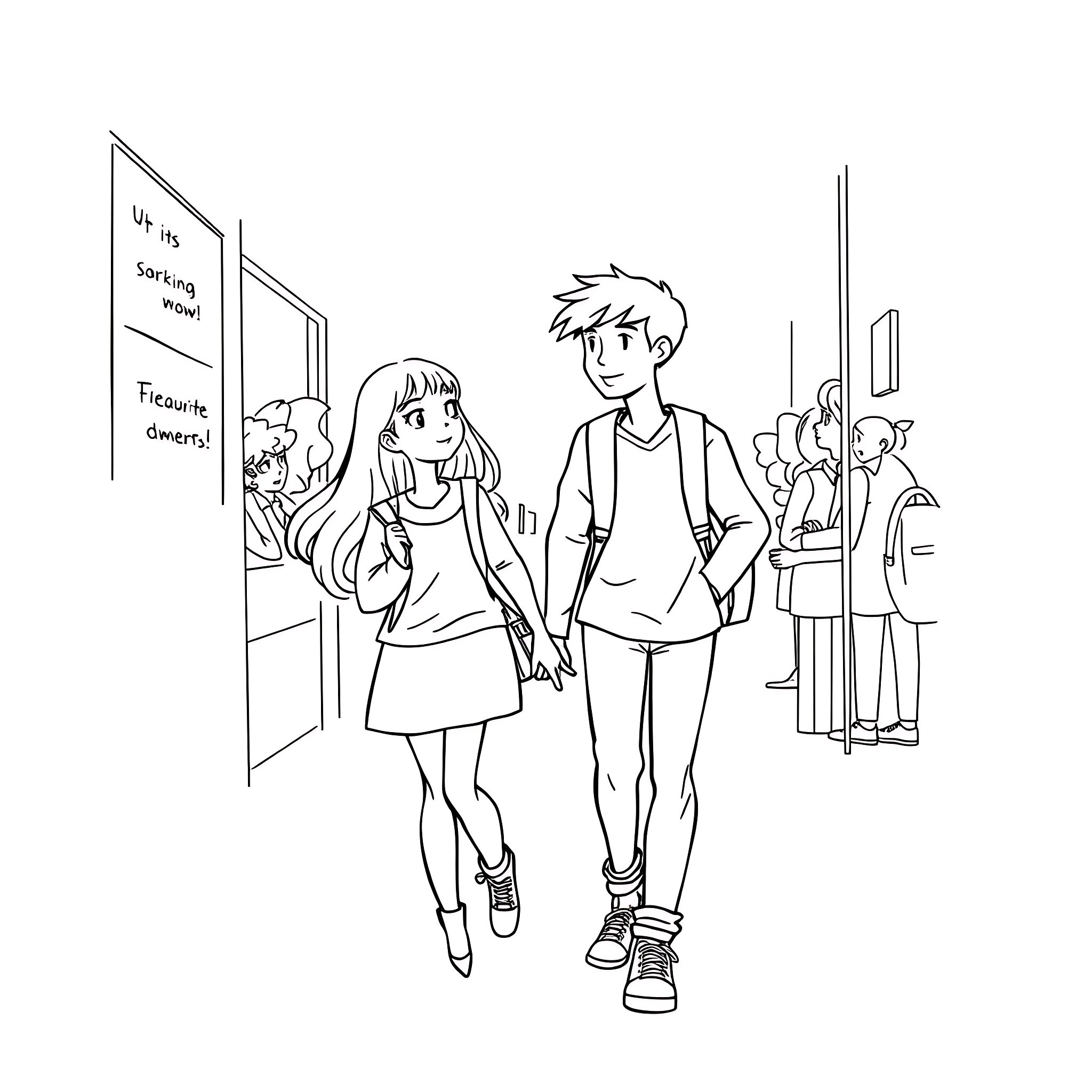 Girl and boy walking together in school hallway Coloring Page (free black-and-white line drawing printable PDF for all, from beginners to advanced learners, including children, teens, adults, and seniors)