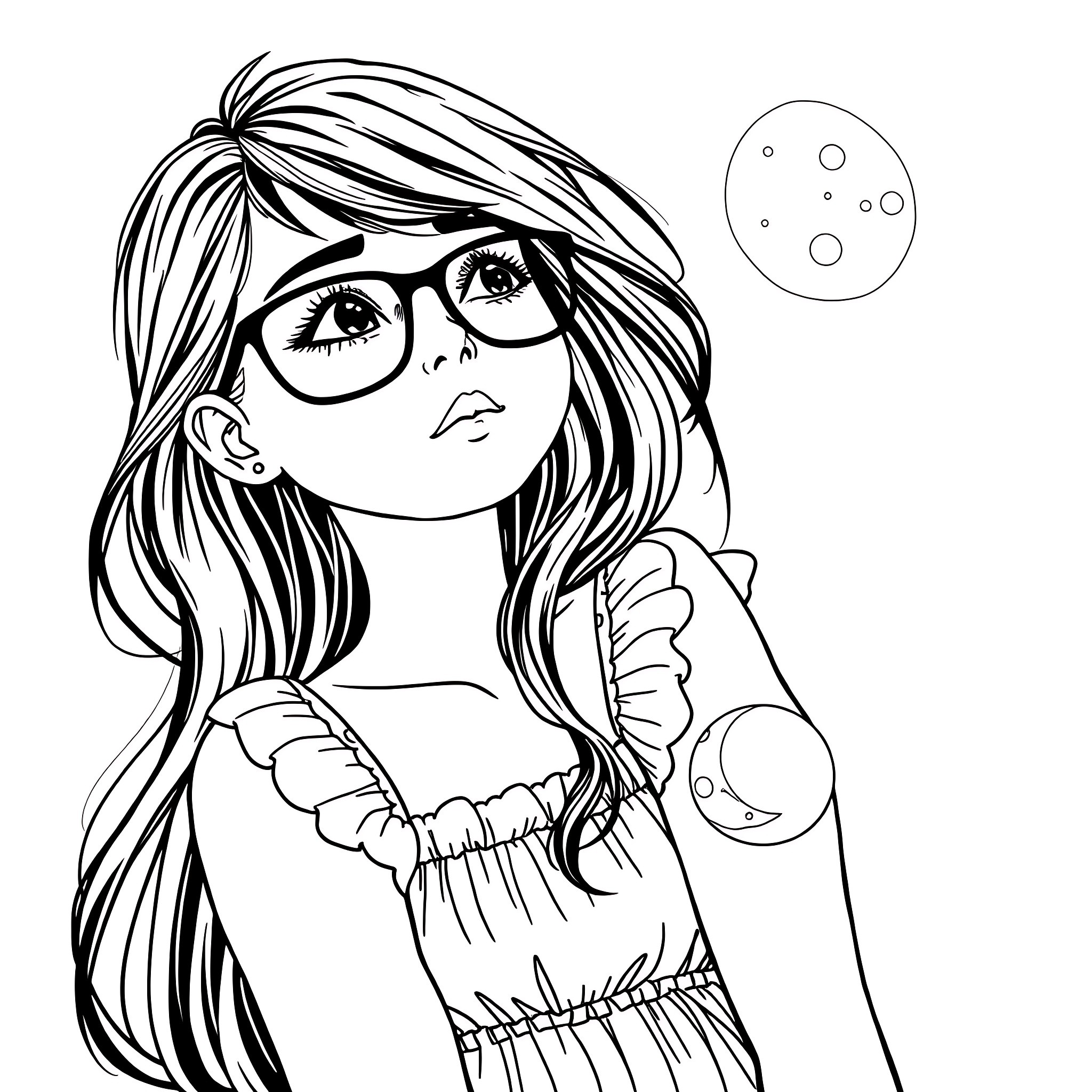 Girl looking up at the moon with curiosity Coloring Page (free black-and-white line drawing printable PDF for all, from beginners to advanced learners, including children, teens, adults, and seniors)