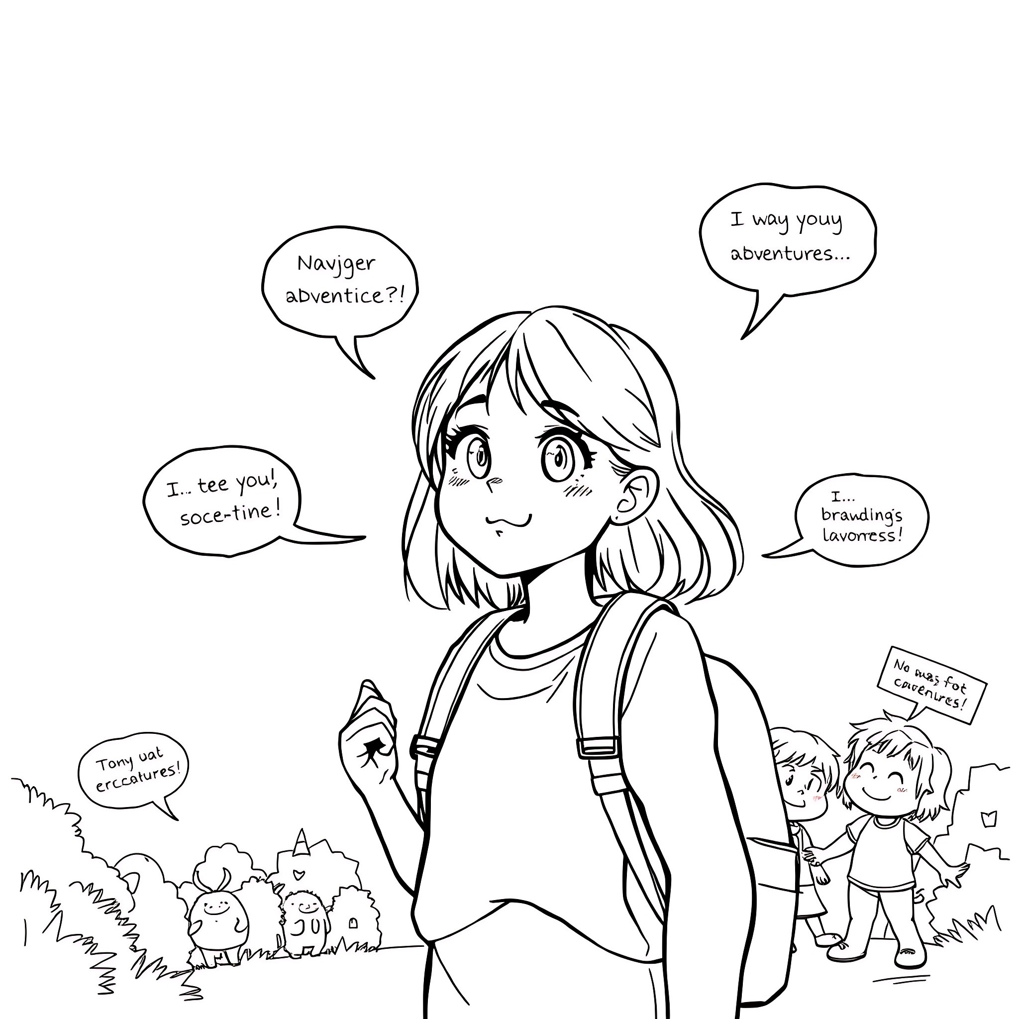 Teen Girl's Adventurous Outing with Friends Coloring Page (free black-and-white line drawing printable PDF for all, from beginners to advanced learners, including children, teens, adults, and seniors)