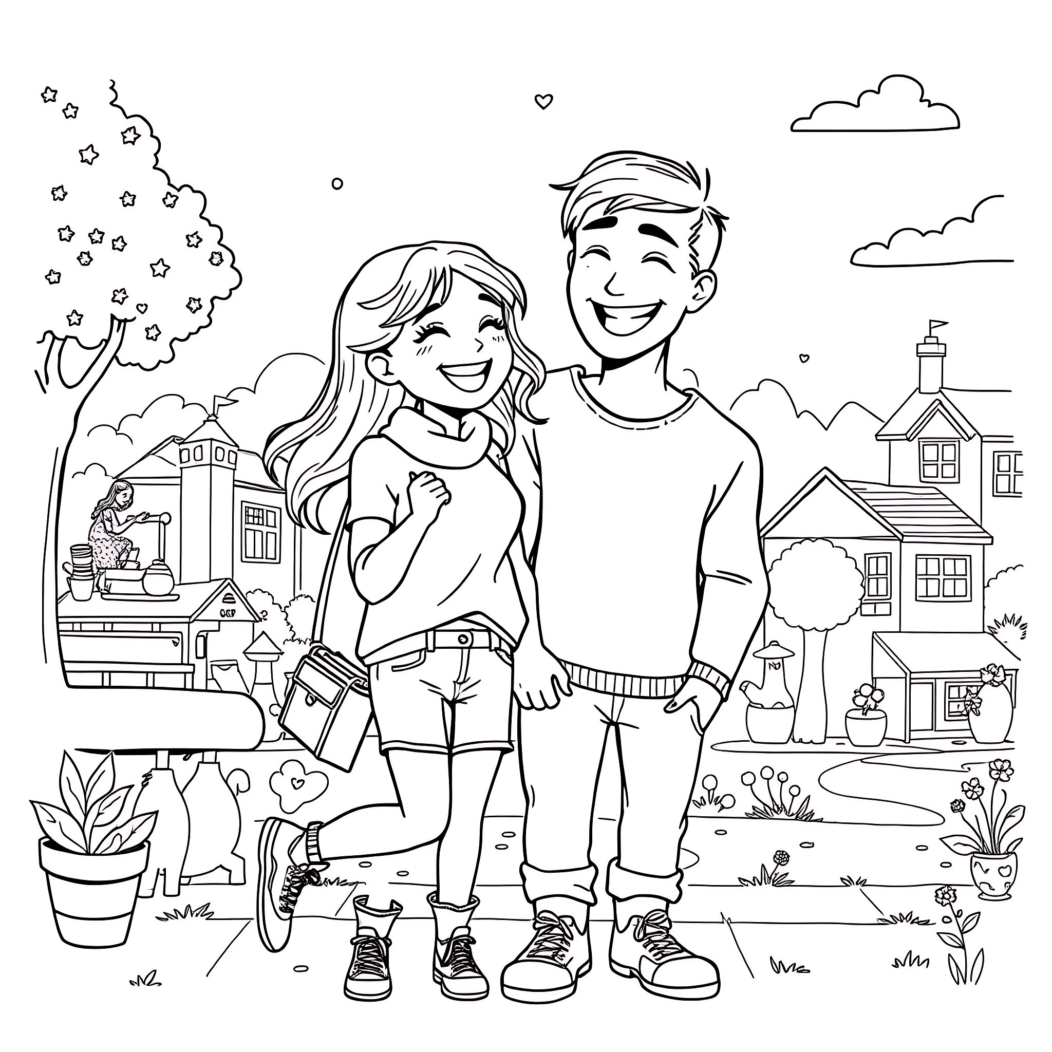 Girl and Boy Enjoying Outdoors in a Neighborhood Coloring Page (free black-and-white line drawing printable PDF for all, from beginners to advanced learners, including children, teens, adults, and seniors)