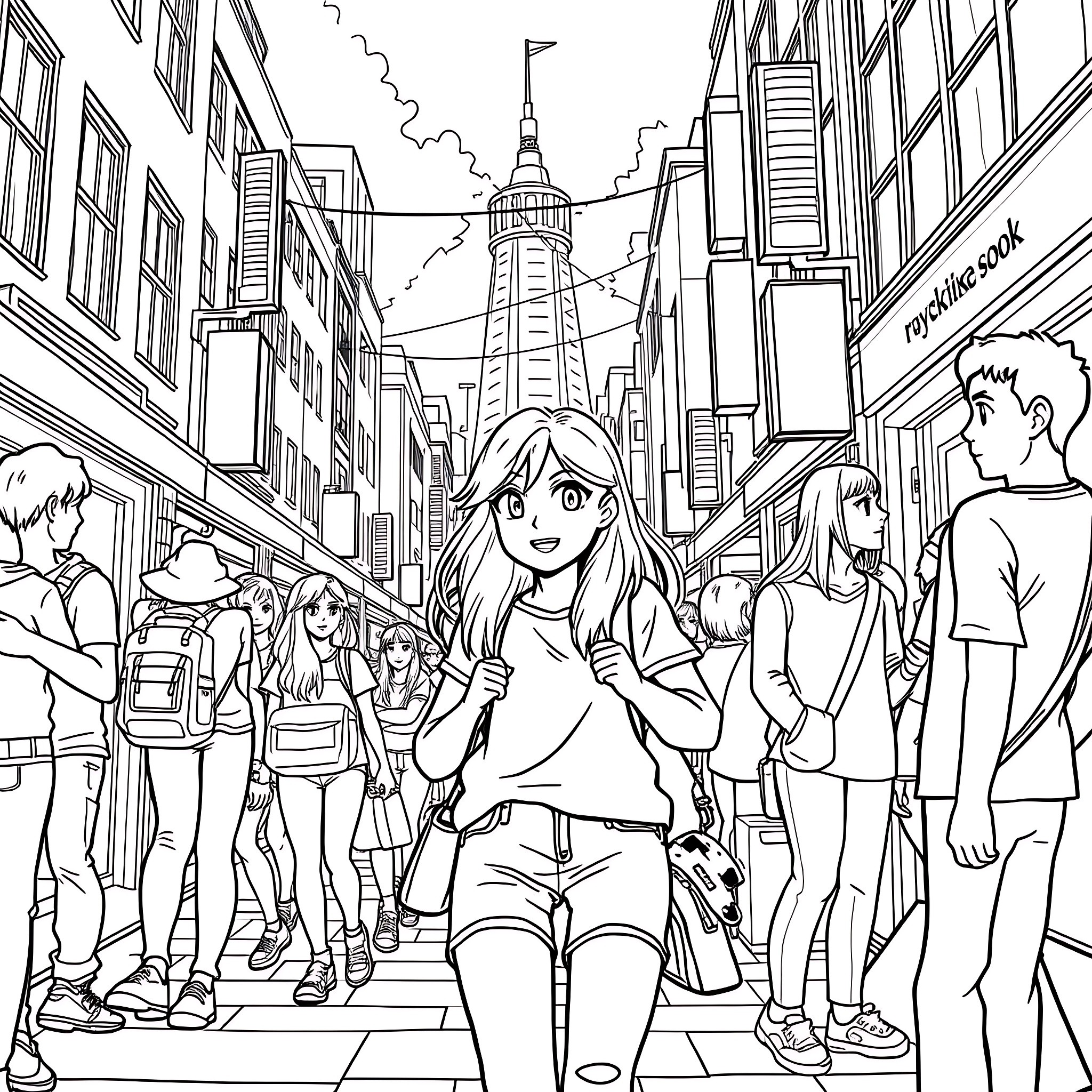 Teen Girl Exploring the Bustling City Streets Coloring Page (free black-and-white line drawing printable PDF for all, from beginners to advanced learners, including children, teens, adults, and seniors)