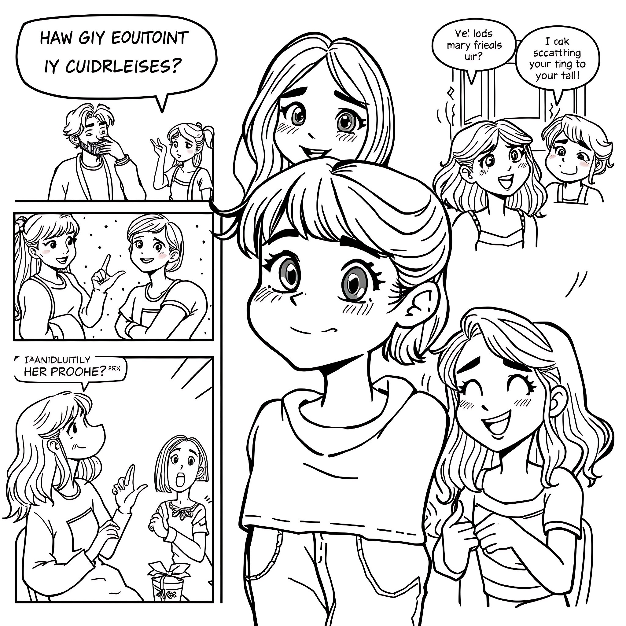 Teen Girl Playfully Interacting with Friends Coloring Page (free black-and-white line drawing printable PDF for all, from beginners to advanced learners, including children, teens, adults, and seniors)