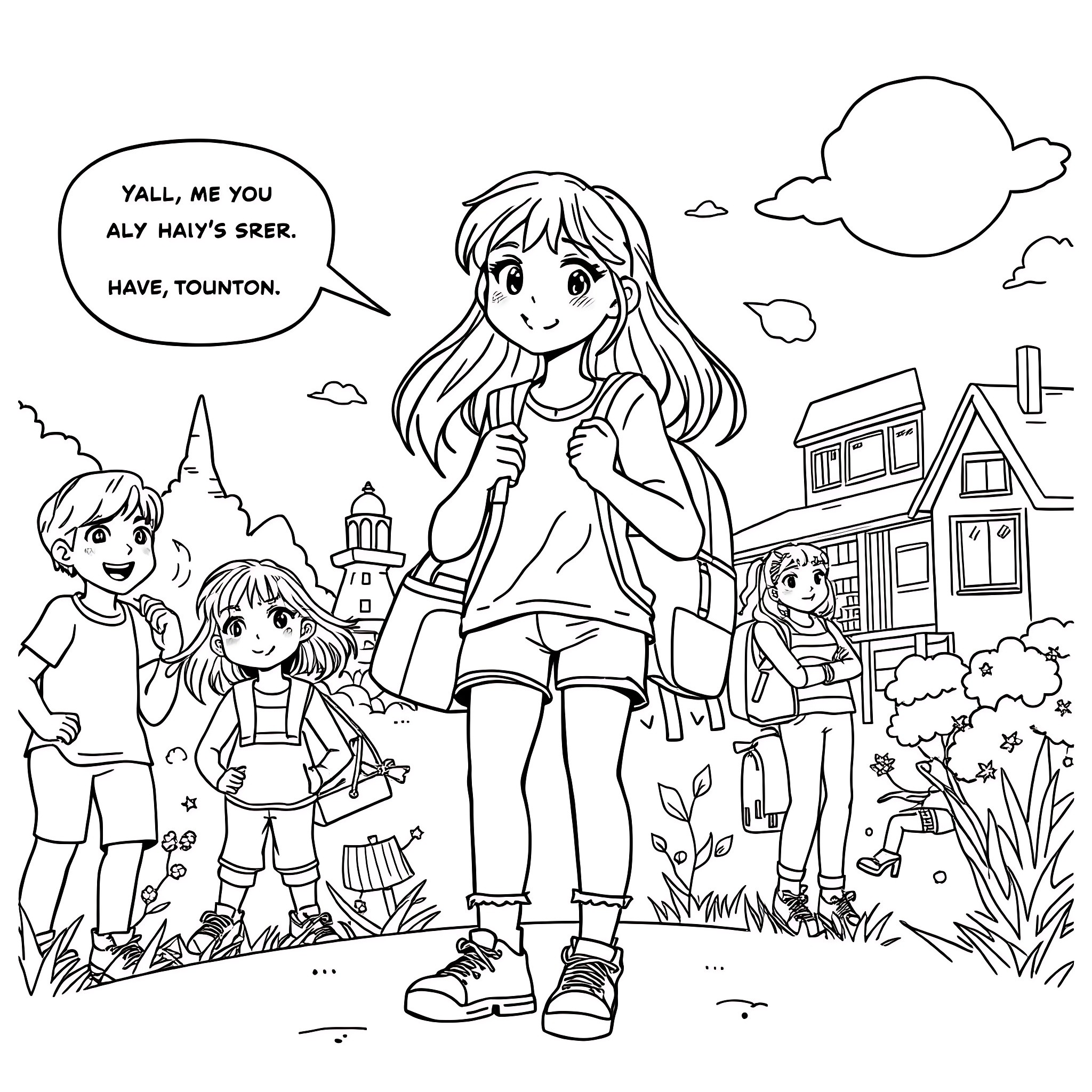 Teen Girl Enjoying Time with Friends in Outdoor Scene Coloring Page (free black-and-white line drawing printable PDF for all, from beginners to advanced learners, including children, teens, adults, and seniors)
