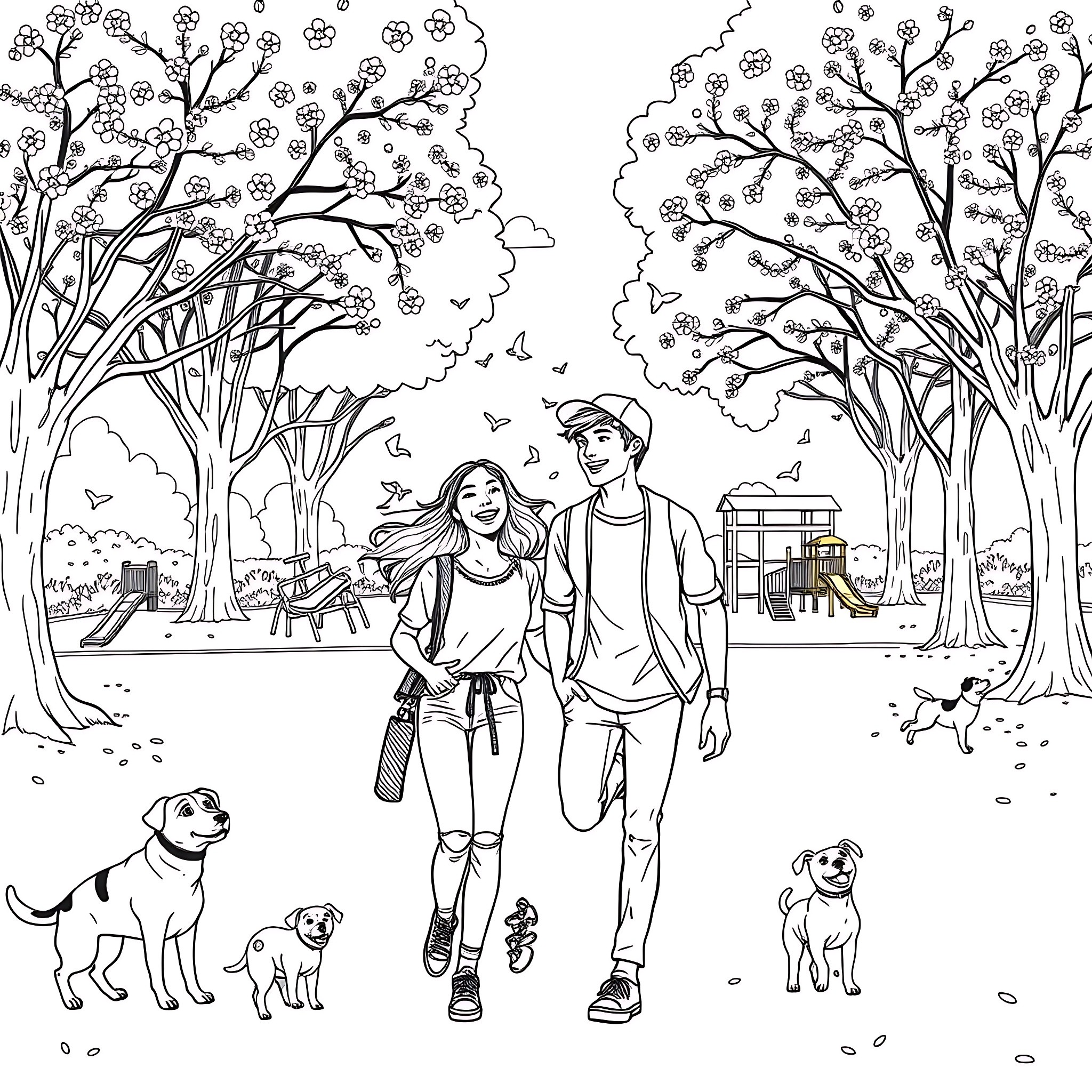 Teen Girl and Boy Strolling through Scenic Park with Pets Coloring Page (free black-and-white line drawing printable PDF for all, from beginners to advanced learners, including children, teens, adults, and seniors)