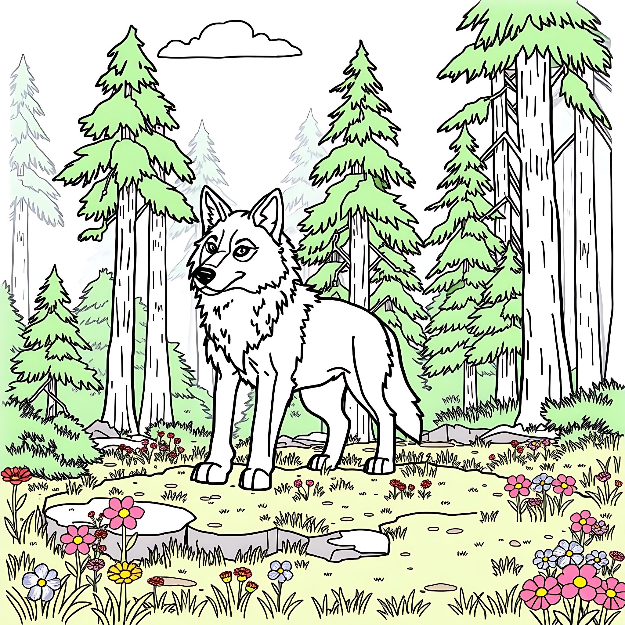Wolf standing in a lush forest landscape Coloring Page (free black-and-white line drawing printable PDF for all, from beginners to advanced learners, including children, teens, adults, and seniors)