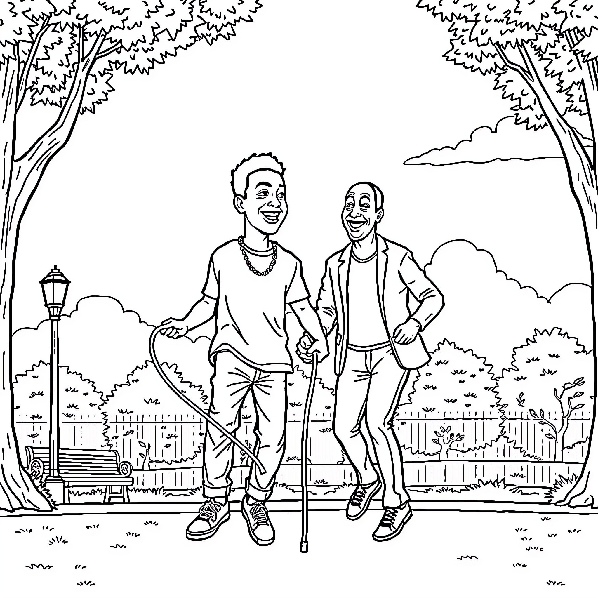 P Diddy's Friendly Stroll in the Park Coloring Page (free black-and-white line drawing printable PDF for all, from beginners to advanced learners, including children, teens, adults, and seniors)