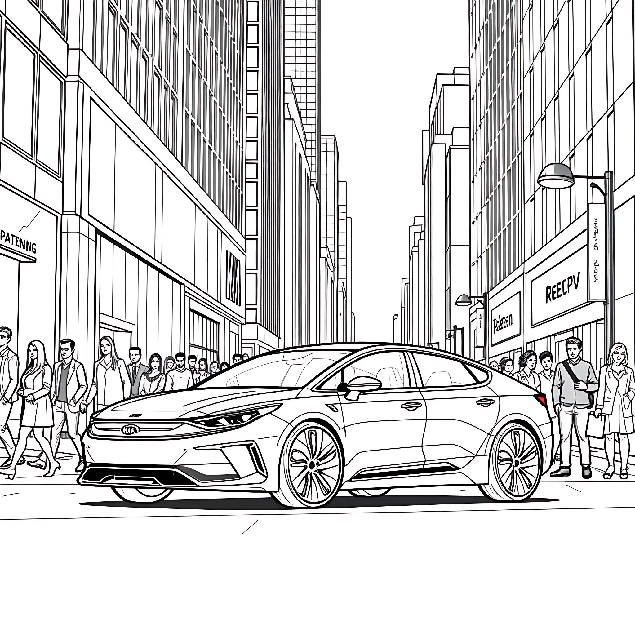 Kia Ev6 on a crowded city street Coloring Page (free black-and-white line drawing printable PDF for all, from beginners to advanced learners, including children, teens, adults, and seniors)