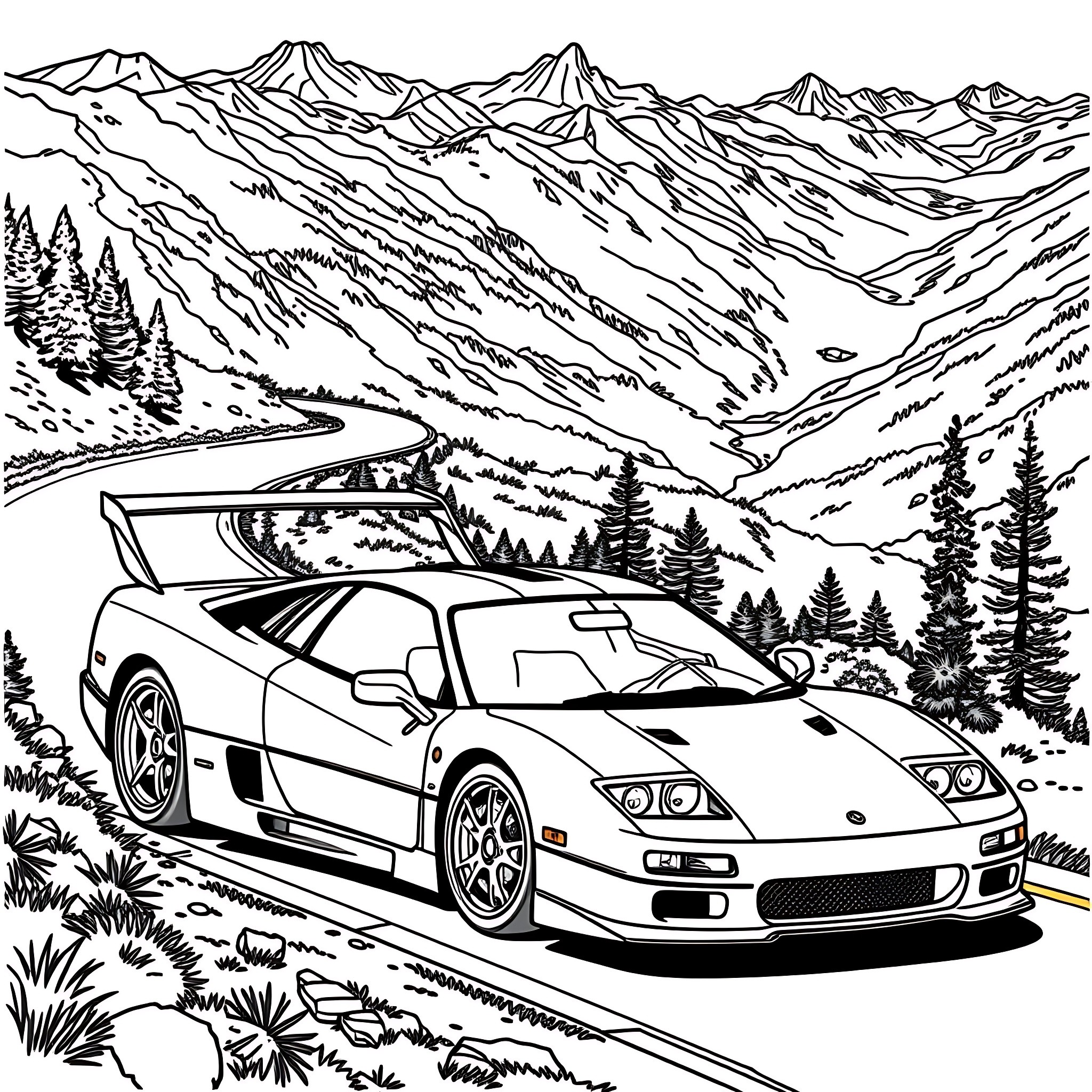 Gran Turismo Racing through the Mountain Landscape Coloring Page (free black-and-white line drawing printable PDF for all, from beginners to advanced learners, including children, teens, adults, and seniors)