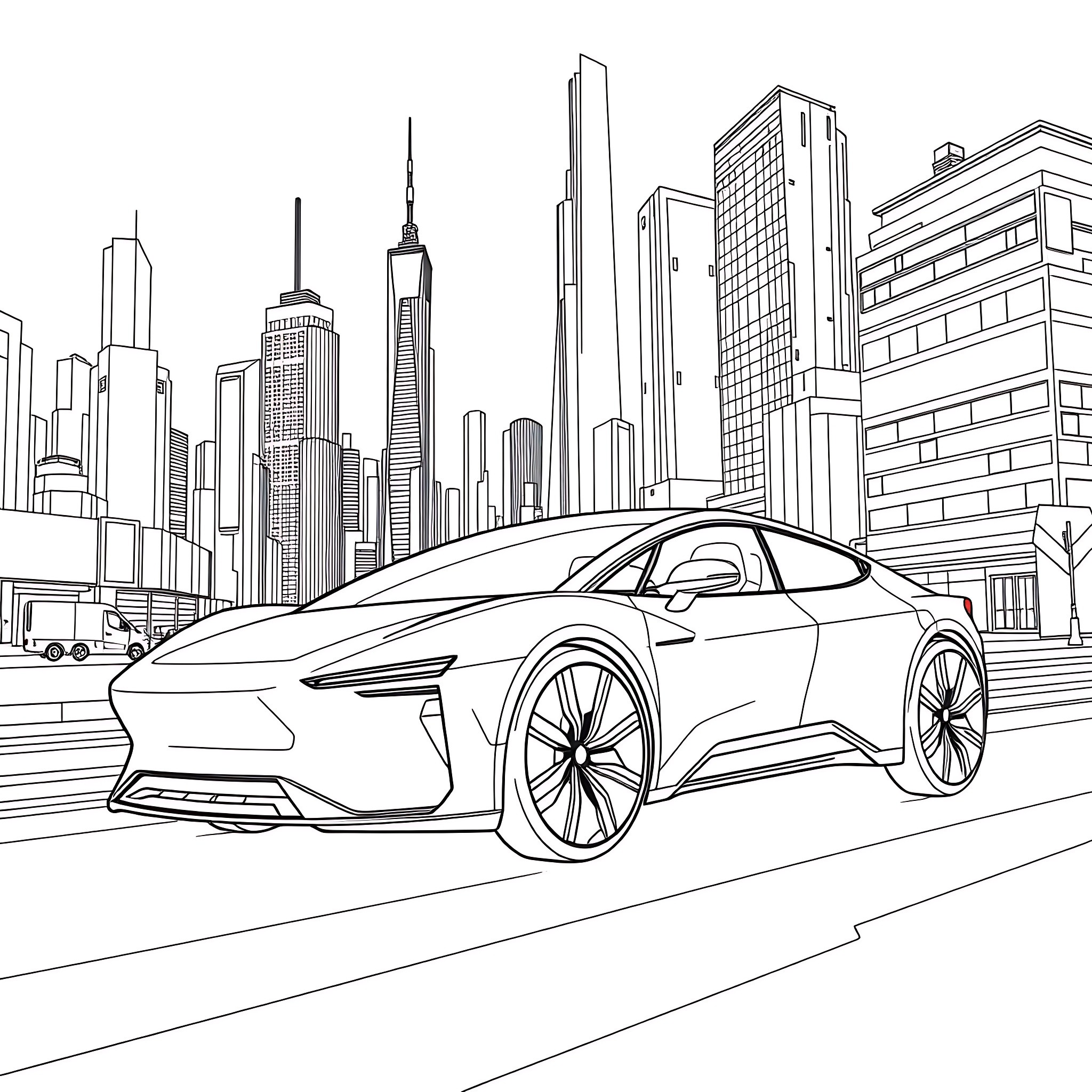 Tesla electric vehicle in a futuristic city skyline Coloring Page (free black-and-white line drawing printable PDF for all, from beginners to advanced learners, including children, teens, adults, and seniors)