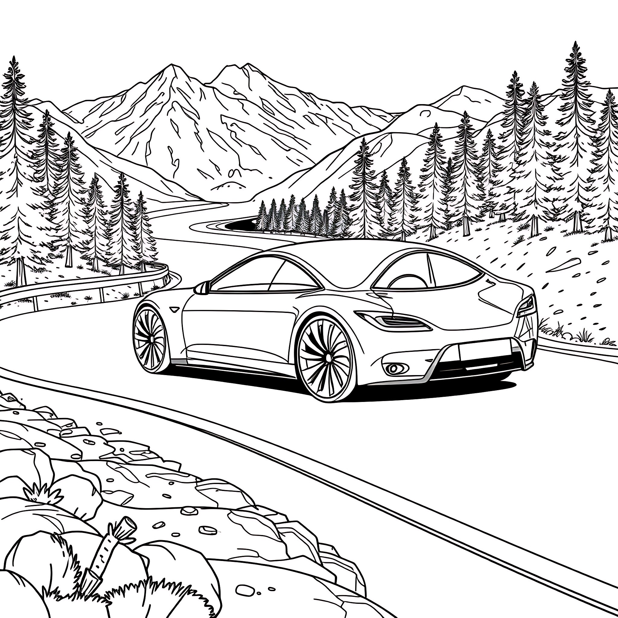 Tesla electric car on a scenic mountain road Coloring Page (free black-and-white line drawing printable PDF for all, from beginners to advanced learners, including children, teens, adults, and seniors)
