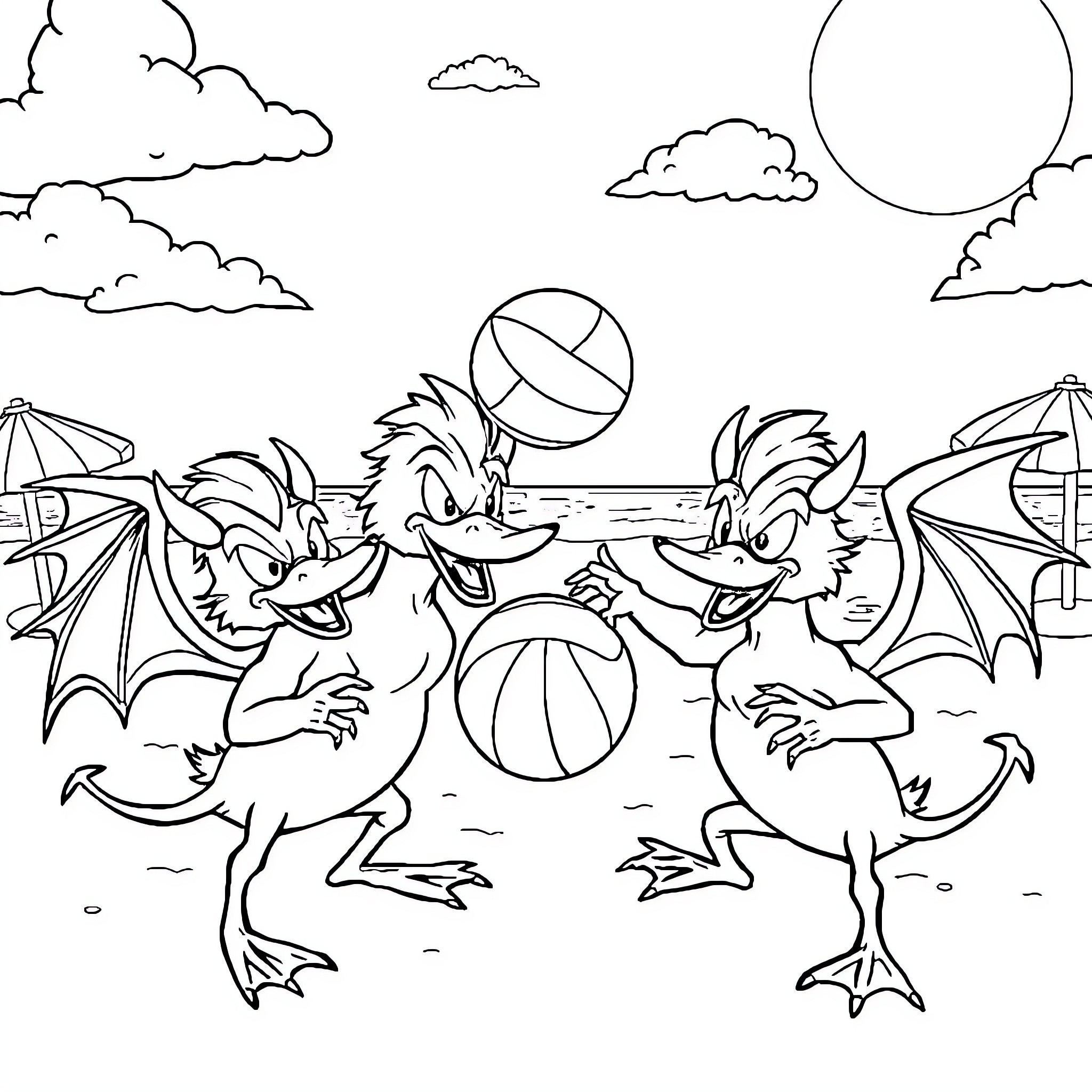 Devil Ducks Playing Beach Ball on Summer Day Coloring Page (free black-and-white line drawing printable PDF for all, from beginners to advanced learners, including children, teens, adults, and seniors)