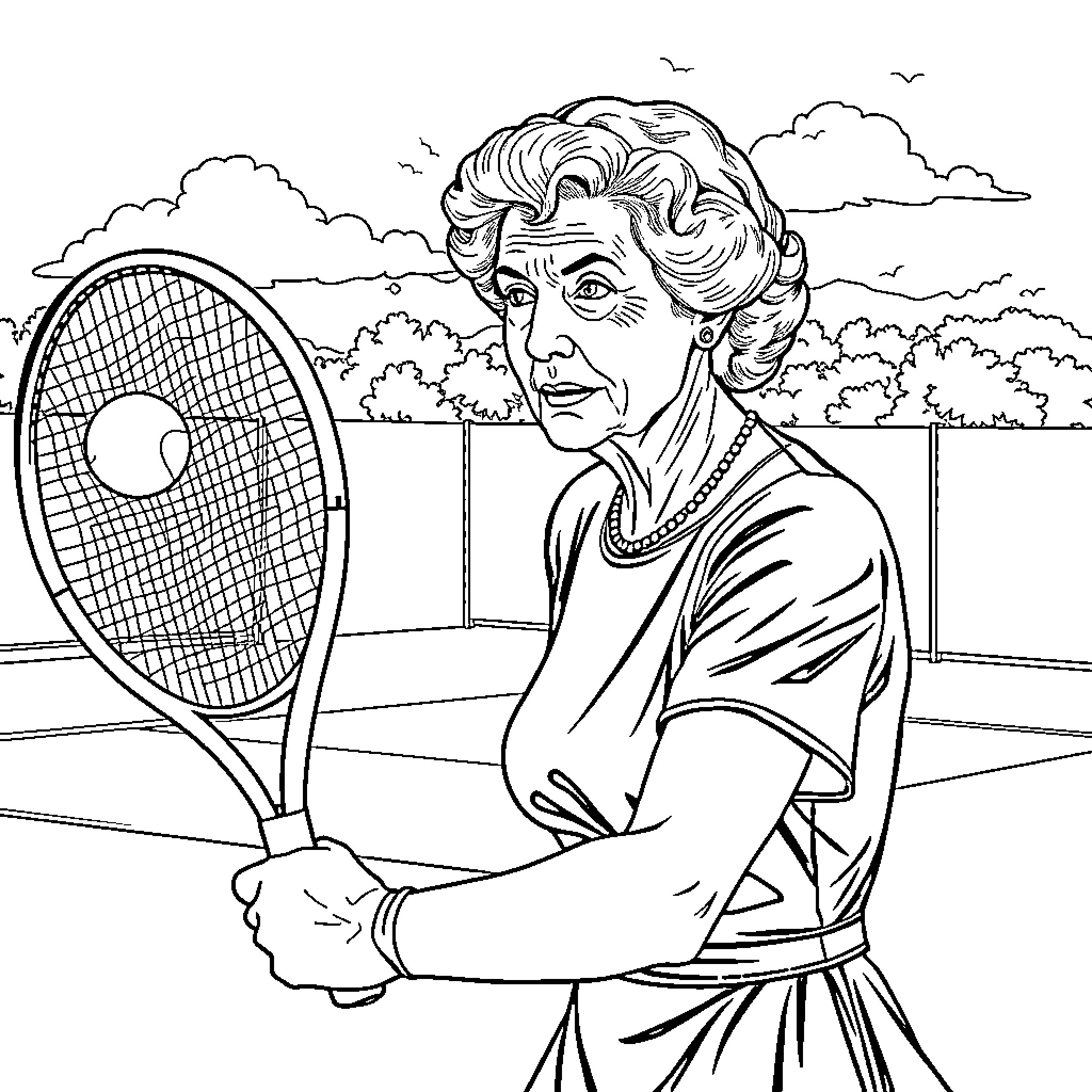 Queen Enjoying Tennis Match on the Court Coloring Page (free black-and-white line drawing printable PDF for all, from beginners to advanced learners, including children, teens, adults, and seniors)