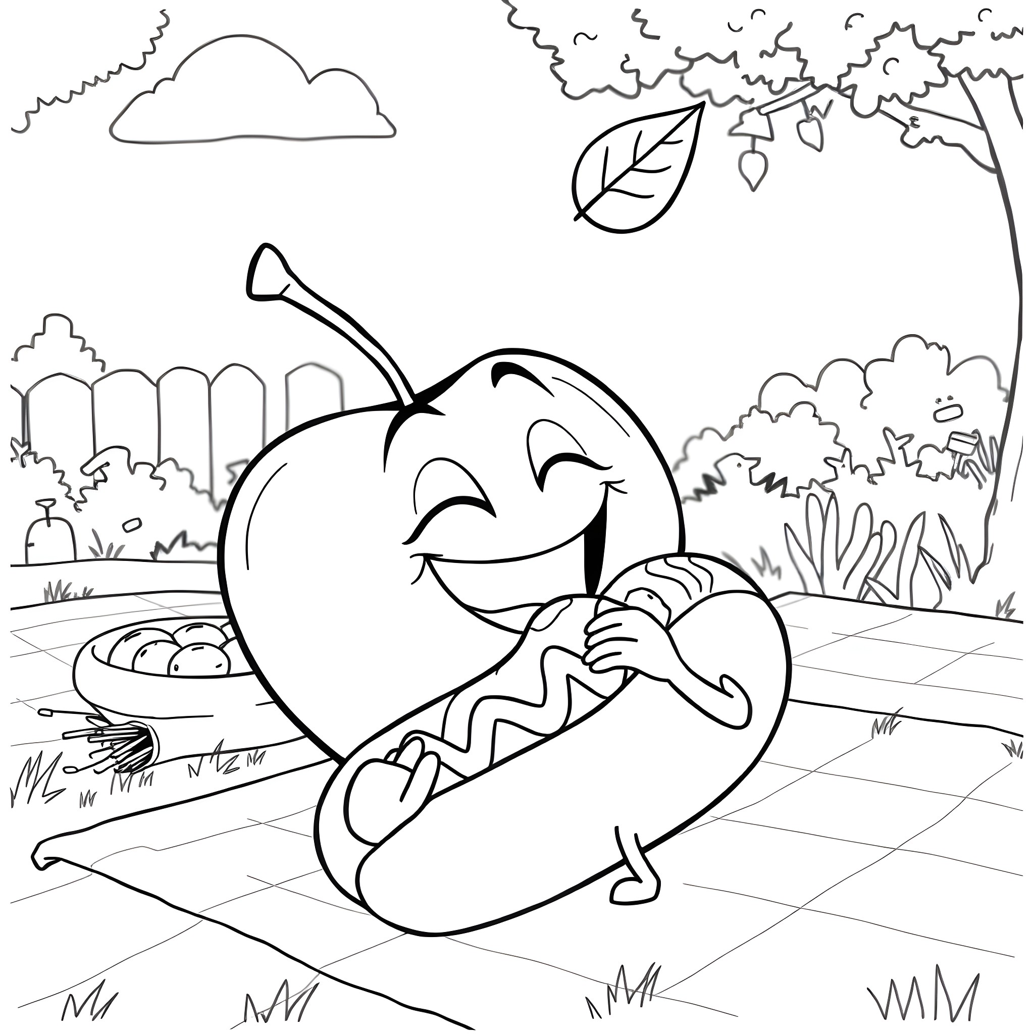 Apple character having fun in the garden Coloring Page (free black-and-white line drawing printable PDF for all, from beginners to advanced learners, including children, teens, adults, and seniors)